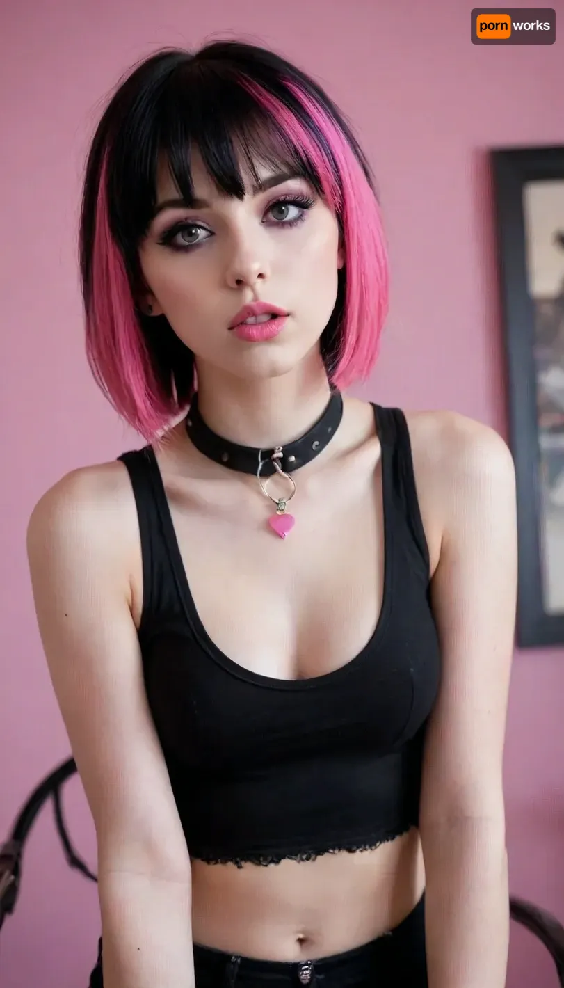 18 year old, beautiful goth girl, feminine face, nude tits, (girl squeezes her breasts:1.2), skinny, thin face, full lips, big eyes, small nose, rocker style, (black makeup), violet makeup, pink makeup, (girl licks her lips), lustful face, black hair, short straight hair, pink strands of hair, very long bangs, (pink bangs:1.2), (black rocker tank top), choker