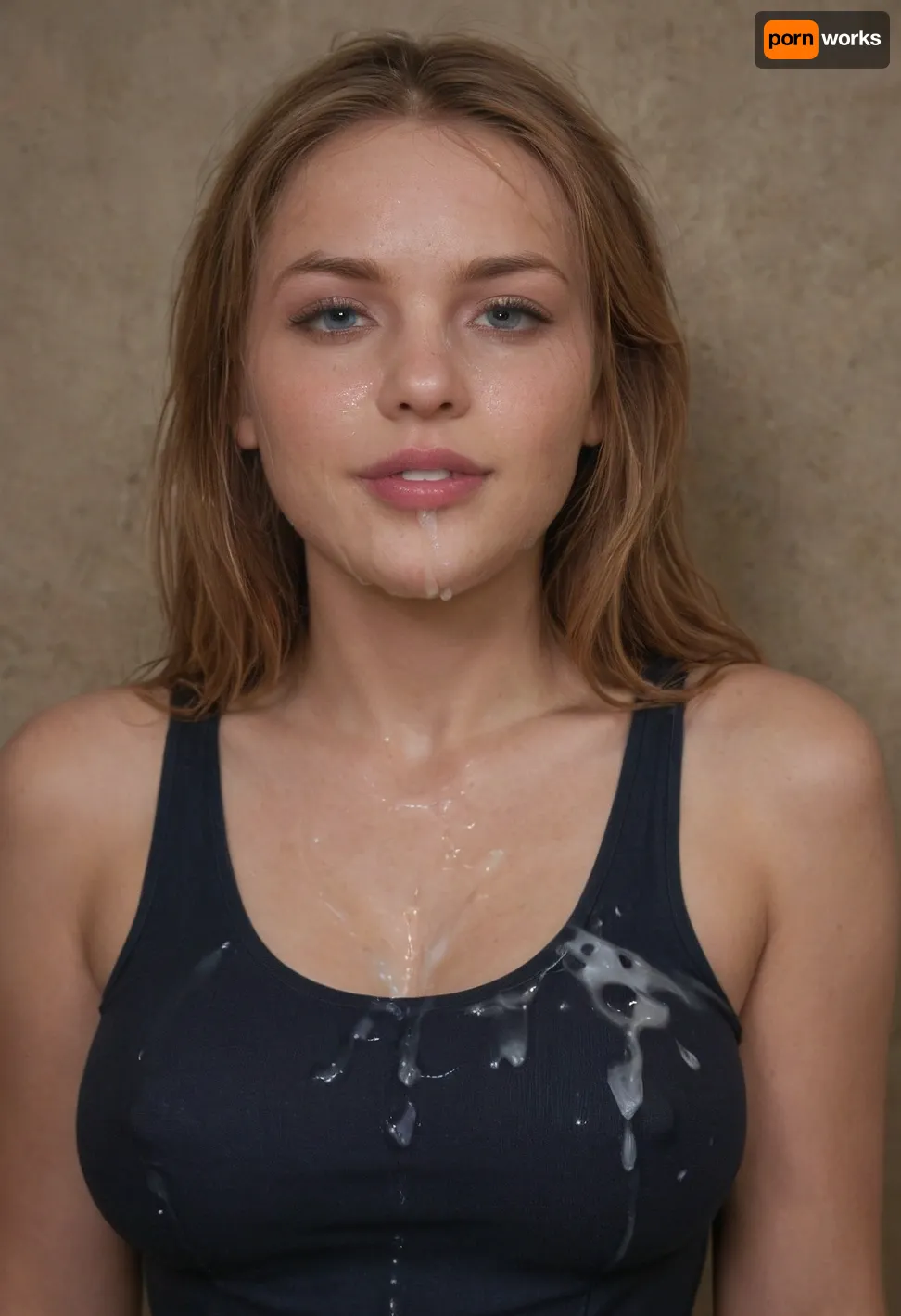 smiling disgusted woman 33 years old, long hair, (Cum details), realistic cum, Prominent cum, viewed from side and above, hidden wide_set medium pointy breasts, looking down, (runny thick wet cum), (wet thick cum on clothes), cum on mouth, (Cum flows), (cum on body), cum on hair, (cumshots on face), ((tight cum soaked wet dark blue nylon tanktop)), woman, cum on face, Face covered in cum, (A lot of cum), (ginger tinkerbell aged 33), (massive puffy pointy areola), (thick puffy erect puffy nipples), bukkake, cum, braless, Wearing, clothes, that, make, sense, with, Braless>, <lora:JustCum:1.7>, <lora:678016_training_data:1.7>, <lora:MS_Real_XL_Bukkake:1.7>, <lora:bralessSDXL_v1_00022:1.9>