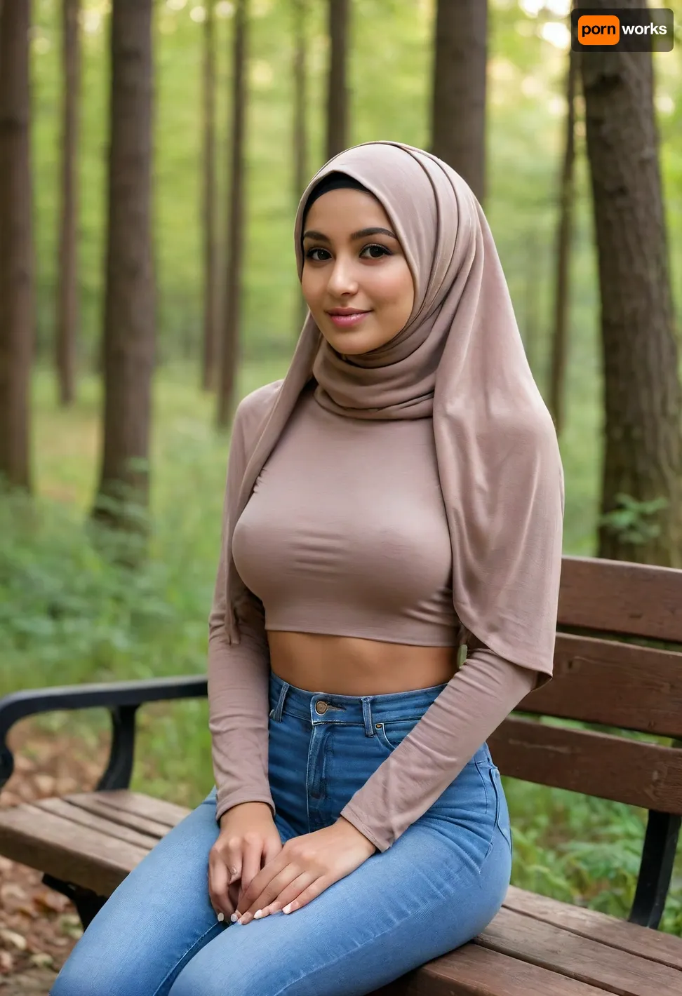 cute 20 years slender woman, small body, dark sun tanned skin, cute face, innocent face, sympatic face, open mouth slightly, posing at forest bench, 20 years old, big natural breast, puffy areola, swollen niple, ((long hijab)), ((high definition picture)), high detail, small ass, small hips, tight jeans, spread knees with hands, naked legs