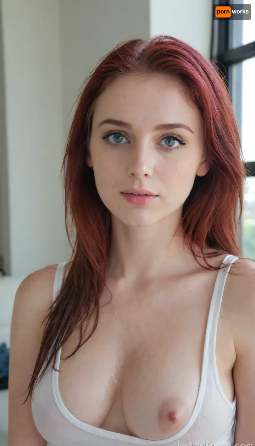 photo of a cute young woman with fair skin and long dark red hair, wearing a wet white tank top, revealing her medium-sized breasts. she has large, expressive blue eyes, full lips with a slight gloss, and a small nose. the background is a blurred, modern indoor setting with natural light coming from a window to the left. the image has a high level of detail and realism, with a focus on her face and upper body. the lighting is soft and even, highlighting her features. the style is hyper-realistic digital art.