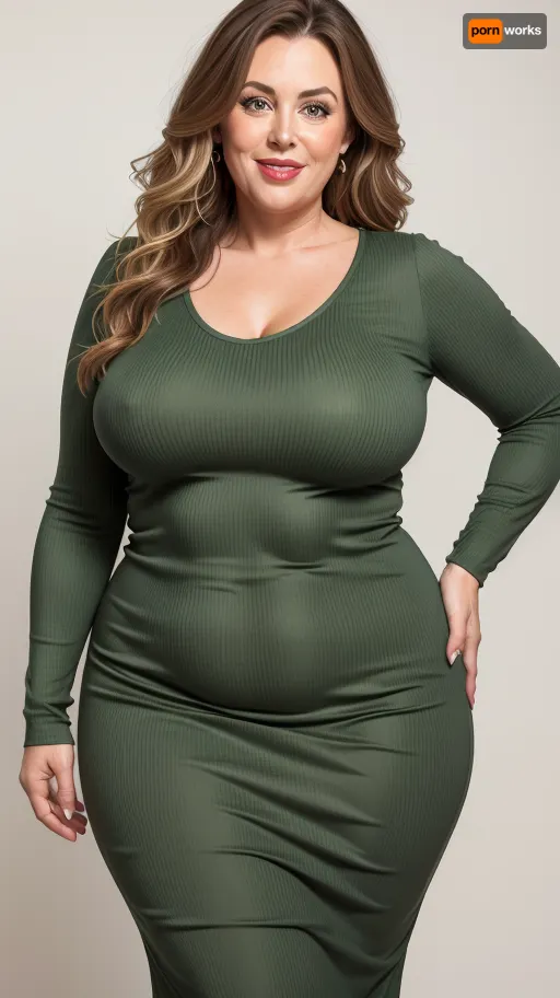 Lubica stepaunt, Ultra detailed photorealistic portrait photo a mature bbw woman, saggy, fat round face, double chin, 60 years old Woman, big eyes, (light brown hair with highlights), round face, full lips, lipstick, (wavy hair), seductive smile, open mouth smile, big lips, pretty teeth, looking at viewer, (solid blank background:1.3), OverallDetail, braless, Wearing, green, tight, v-neck sleeveless maxidress, <lora:bralessSD15_v1_00094:.8>