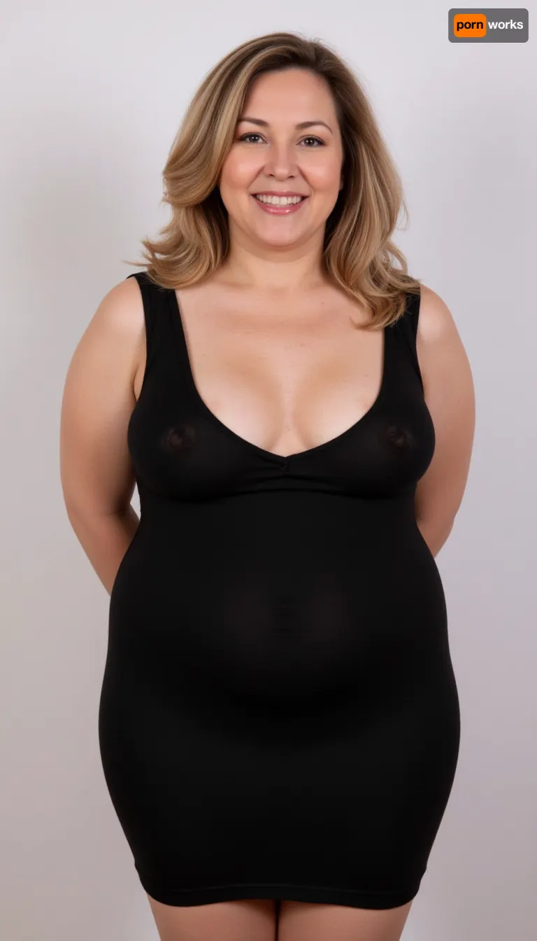 Lubica stepaunt, Ultra detailed photorealistic portrait photo a mature bbw woman, plump, waist, saggy, belly, fat round face, double chin, 60 years old Woman, big eyes, (light brunette hair with highlights), round face, full lips, lipstick, (wavy hair), seductive smile, open mouth smile, big lips, pretty teeth, looking at viewer, (solid blank background:1.3), OverallDetail, braless, Wearing, (black tight, v-neck sleeveless dress)