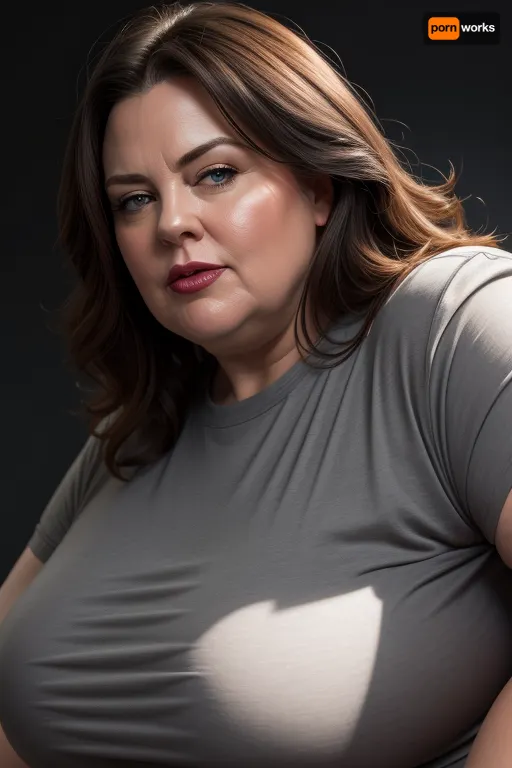 (Close-up:1.3), portrait photo a mature chubby woman, fat bosom, fat round face, double chin, 60 years old Woman, blue eyes, brunette hair with highlights, seductive smile, full lips, bowed shaped lips, looking at viewer, (solid dark grey background:1.3), eye level shoot, film grain, style by Flora Borsi, OverallDetail, downblouse, loose, t-shirt, leaning, forward, <lora:downblouse-v1:.3>, <lora:weight_slider_v2:.9>