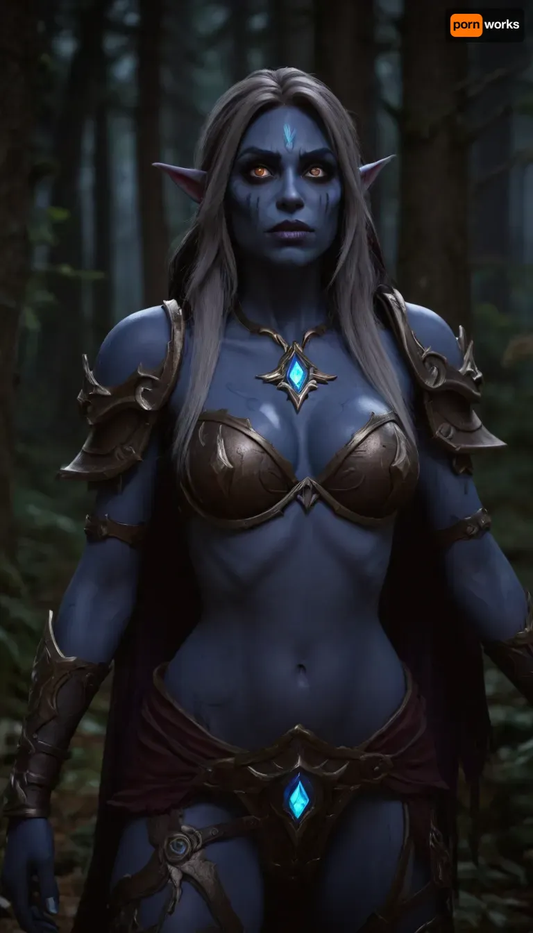 World of Warcraft, Sylvanas, medium tits, beuty girl, very cute, orgasm, detailed face, forest, torn clothes, night elf girl, darkblue skin girl