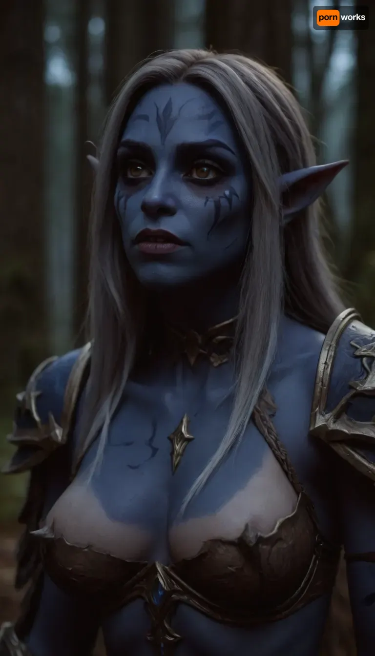 World of Warcraft, Sylvanas, medium tits, beuty girl, very cute, orgasm, detailed face, forest, torn clothes, night elf girl, darkblue skin girl