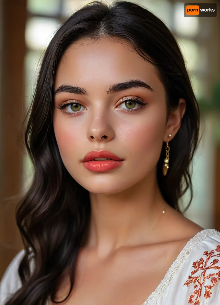 (masterpiece, best quality, ultra-detailed, photorealistic, HDR, extreme close-up upper body portrait from head to waist, face centered in the frame, direct eye contact with viewer, every feature in the sharpest focus, cinematic natural beauty lighting), female, 18 years old, Sofia, Spanish, with extremely attractive youthful Mediterranean appearance, distinct heart-shaped face with high forehead and soft pointed chin, flawless warm olive skin with golden undertone and subtle glow, sculpted high cheekbones with peachy blush and luminous highlights, refined slim nose with light dorsal curve, striking light green almond-shaped eyes with long outward lift, vibrant golden limbal rings, (fox eyes), moist glossy waterline, ultra-long thick upward-curled black lashes, bold straight black brows with slight arch, full wide lips with a natural defined shape, (ultra-glossy, plump and symmetrical lips:1.5), lips painted in vibrant coral red gloss, soft smile showing a hint of white teeth, eyelids with golden bronze shimmer, bold winged eyeliner and soft terracotta smoky blend, every lash and brow hair rendered with precision, soft natural hairs along the hairline, elegant neck and collarbones softly illuminated, (ultra-long, thick, jet-black straight hair flowing past shoulders, parted in the center and framing the face:1.2), visible upper torso wearing a silky off-shoulder white blouse with gold embroidery, subtle folds and fabric texture clearly rendered, soft natural fall of fabric below bustline, elegant gold earrings and delicate fine chain necklace resting near collarbone, softly blurred neutral background with warm Mediterranean ambiance, five distinct non-fused fingers on each hand if visible, <lora:MJ52:1>, <lora:SDXLHighDetail_v6-000005:.8>, <lora:Microwaist_XL_v01:.8>