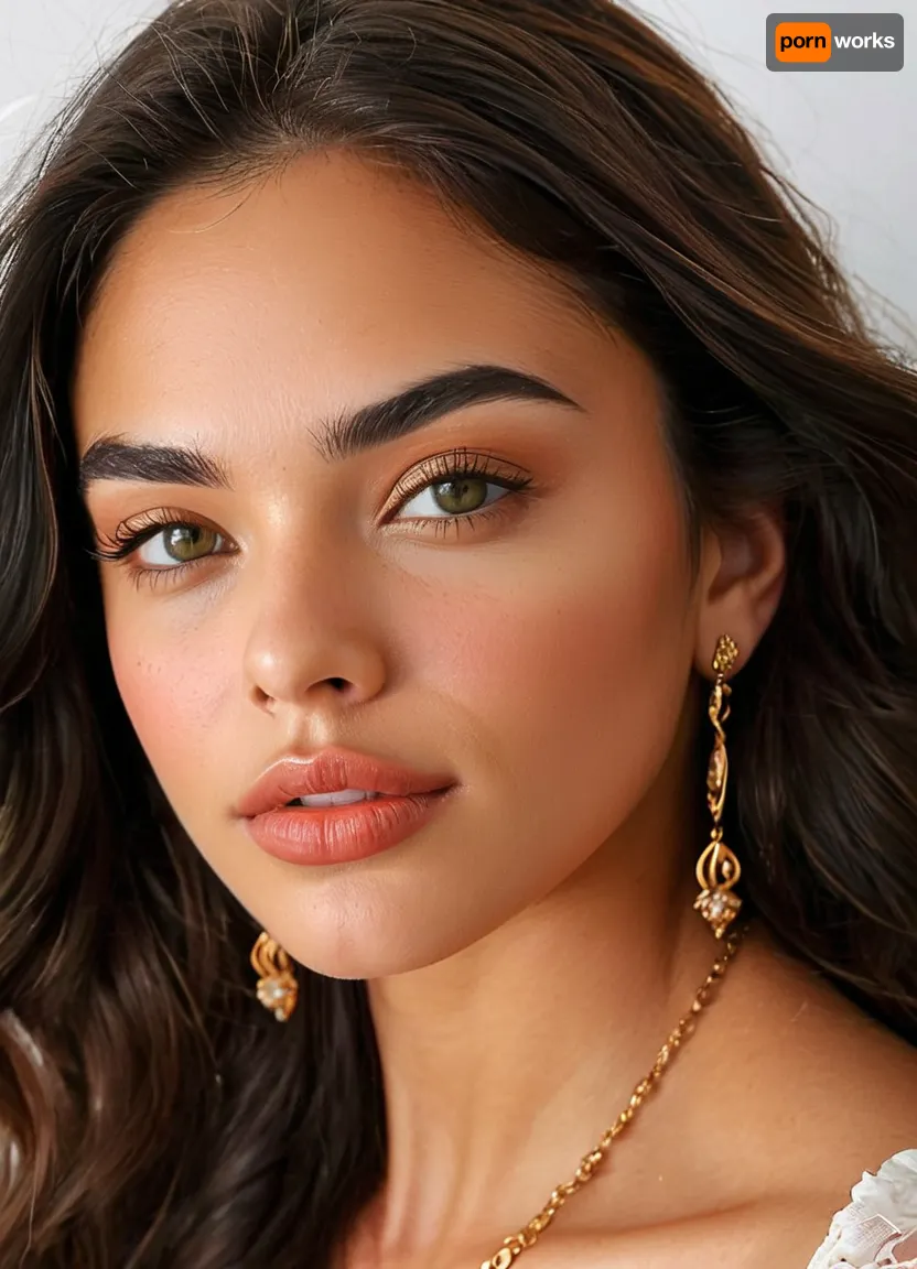(masterpiece, best quality, ultra-detailed, photorealistic, HDR, extreme close-up portrait, face centered in the frame, direct eye contact with viewer, every feature in the sharpest focus, cinematic natural beauty lighting), female, 18 years old, Sofia, Spanish, with extremely attractive youthful Mediterranean appearance, distinct heart-shaped face with high forehead and soft pointed chin, flawless warm olive skin with golden undertone and subtle glow, sculpted high cheekbones with peachy blush and luminous highlights, refined slim nose with light dorsal curve, striking light green almond-shaped eyes with long outward lift, vibrant golden limbal rings, (fox eyes), moist glossy waterline, ultra-long thick upward-curled black lashes, bold straight black brows with slight arch, full wide lips with a natural defined shape, (ultra-glossy, plump and symmetrical lips:1.5), lips painted in vibrant coral red gloss, soft smile showing a hint of white teeth, eyelids with golden bronze shimmer, bold winged eyeliner and soft terracotta smoky blend, every lash and brow hair rendered with precision, fine natural hairs near the hairline, (ultra-long, thick, jet-black straight hair flowing past the waist, parted in the center and framing the face:1.2), expression radiates classic Southern elegance and confident charm, wearing a silky off-shoulder white blouse with gold embroidery, elegant gold earrings and delicate chain necklace, neutral blurred background with warm Mediterranean lighting, every detail of facial structure and styling sharply defined, five distinct non-fused fingers on each hand if visible, <lora:MJ52:1>, <lora:SDXLHighDetail_v6-000005:.8>, <lora:Microwaist_XL_v01:.8>