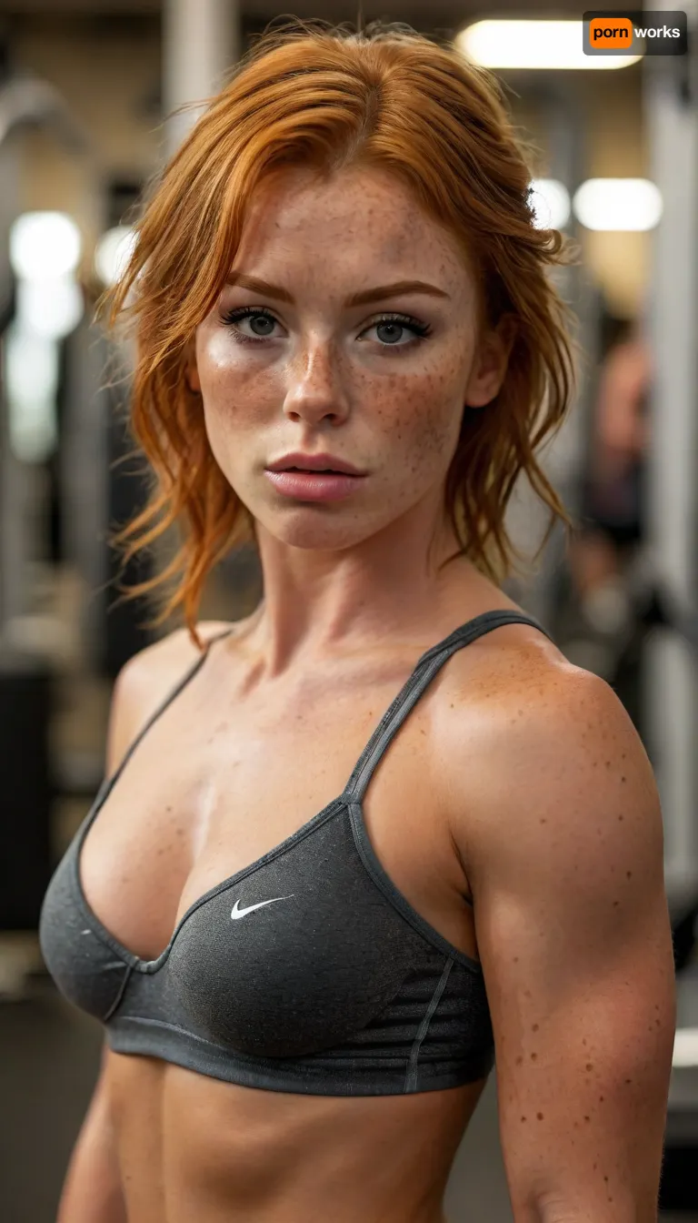 ziprealism, (inspirational athletic poster, Nike poster, inspirational action shot:1.2), (impressively athletic woman in a gym, body builder, fit body, muscular shoulders, muscular thighs, defined abs:1.6), (fierce expression, inspirational atmosphere of determination), (f/2.8, shallow depth of field, creamy bokeh, flattering full body shot, medium full shot, layered composition with subtle foreground, focus on abs:1.4), (vibrant ginger hair, freckles, short hair, swept-back hairstyle:1.2), (catchlights, sharp contrasting limbal rings, large expressive eyes, stunning eyes, perfect eyes, slightly downturned eyes), (full lips, soft lips, moist lips), (tanned oily skin, tan lines, large teardrop breasts, pale breasts, natural skin texture), igbaddie, <lora:MJ52:.6>, <lora:igbaddie-XL:.4>