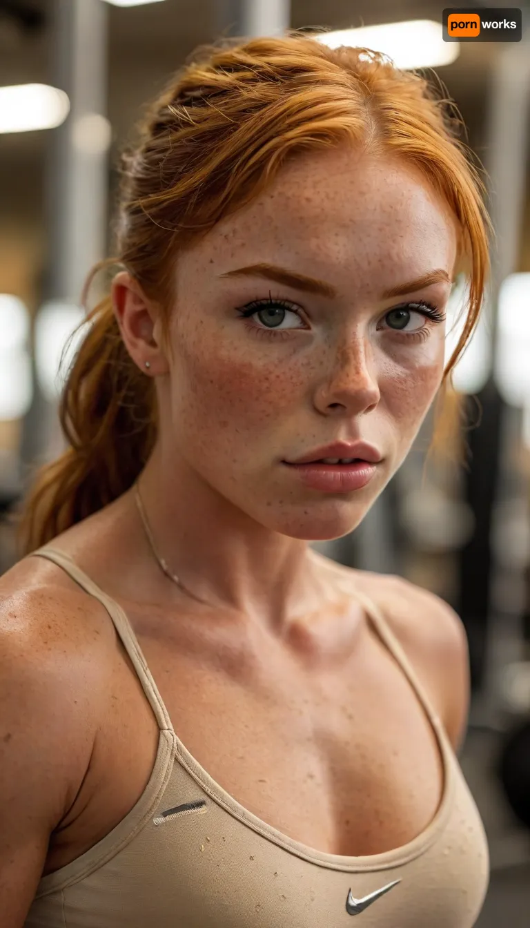 ziprealism, (inspirational athletic poster, Nike poster, inspirational action shot:1.2), (impressively athletic woman in a gym, body builder, fit body, muscular shoulders:1.6), (fierce expression, inspirational atmosphere of determination), (f/2.8, shallow depth of field, creamy bokeh, tight head shot extreme face closeup, layered composition with subtle foreground, frame vignetting, focus on eyes:1.4), (vibrant ginger hair, freckles, short hair, swept-back hairstyle:1.2), (catchlights, sharp contrasting limbal rings, large expressive eyes, stunning eyes, perfect eyes, slightly downturned eyes), (full lips, soft lips, moist lips), (tanned oily skin, tan lines, natural skin texture), igbaddie, <lora:MJ52:.6>, <lora:igbaddie-XL:.4>