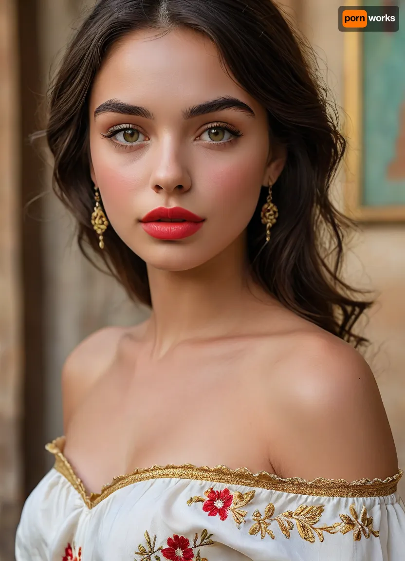(masterpiece, best quality, ultra-detailed, photorealistic, HDR, upper body close-up portrait from head to waist, shoulders and chest clearly visible, face centered in the frame, direct eye contact with viewer, every feature in the sharpest focus, cinematic natural beauty lighting), female, 18 years old, Sofia, Spanish, with extremely attractive youthful Mediterranean appearance, distinct heart-shaped face with high forehead and soft pointed chin, flawless warm olive skin with golden undertone and subtle glow, sculpted high cheekbones with peachy blush and luminous highlights, refined slim nose with light dorsal curve, striking light green almond-shaped eyes with long outward lift, vibrant golden limbal rings, (fox eyes), moist glossy waterline, ultra-long thick upward-curled black lashes, bold straight black brows with slight arch, full wide lips with a natural defined shape, (ultra-glossy, plump and symmetrical lips:1.5), lips painted in vibrant coral red gloss, soft smile showing a hint of white teeth, eyelids with golden bronze shimmer, bold winged eyeliner and soft terracotta smoky blend, every lash and brow hair rendered with precision, soft natural hairs along the hairline, elegant neck, open shoulders and collarbones softly illuminated, (visible upper chest and cleavage under silky off-shoulder white blouse with golden embroidery:1.2), realistic fabric texture, natural folds, blouse draping just below the bust, (ultra-long, thick, jet-black straight hair cascading over one shoulder and back:1.2), subtle golden earrings, delicate fine chain necklace near collarbone, softly blurred Mediterranean interior background, five distinct non-fused fingers on each hand if visible, <lora:MJ52:1>, <lora:SDXLHighDetail_v6-000005:.8>, <lora:Microwaist_XL_v01:.8>