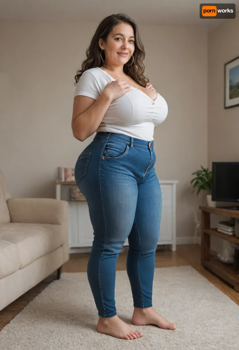 3/4 side view, 50 year old mature MILF, standing in a modern living room, (obese), (wide hips), pear shaped body, (thick thighs), brunette hair with gray highlights, long hair, chubby round face, shy smile, unexpected camera, (capturing full body, surprised expression), hoop earrings, best quality, photorealism, masterpiece, tight highwaist blue jeans, unbuttoned white blouse, sagging, braless, (FUPA:1.3), cameltoe, big ass, bottomheavy, big, ass, huge, gigantic, thick, thighs, massive, <lora:bottomheavy_v1_sdxl_tags:.8>