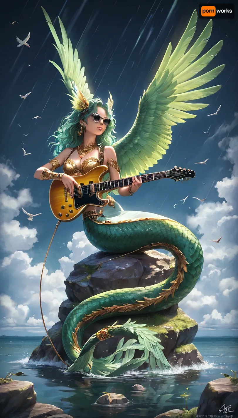 A beautiful mythical winged creature siren with a birds body, gold jewelry, sunglasses, playing a electric guitar, with large feathered wings in shades of green and blue, and hair resembling green feathers, full body, isolated on storm sea background. Sits on a rock. Style, Fantasy Art, Detailed Illustration Lighting, Bright, Even Lighting Composition, Full body shot, Centered Details, Intricate feather details on wings and hair, scales on the serpentine tail, detailed gold jewelry, prominent lyre. Quality, High Detail, Masterpiece