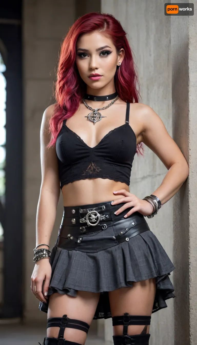 20yo, (Filipino), fit women, (with red hair and pink lipstick), wearing, (colour scheme, black, grey, silver, pink), (Sexy backless black&pink-charcoal-tartan-micro petticoat skirt), and, (bohemian lace deep plunge top), (deep cutout skirt), steampunk, cyborg, cyber-goth, pixie-punk, long hair, waist length V-Cut hair with Curled Ends, detailed lace pixie hair, (hair in wind), (oversized-triple-belt-slouch-boots), (chunky silver pentagram and skull silver jewellery:1), (glowing eyes), (buckle details:1), (silver body jewelry:1), (full body portrait:1), (chain waist-belt), (collar), (elaborate style hair), (elaborate Sleek shoulder-length-bohemian-pigtails with a Deep Side Part), messy hair, complex micro-skirt on a sexy fit model, with a toned body and long legs., (She has dermal anchors piercings), (wrist bangles), (bracelets), (necklace), (arm cuff), she is inside a neo-modern architectural space with large natural stone monoliths bearing pagan symbology in gold and silver. There is magical lighting to the space. she is leaning up against a wall