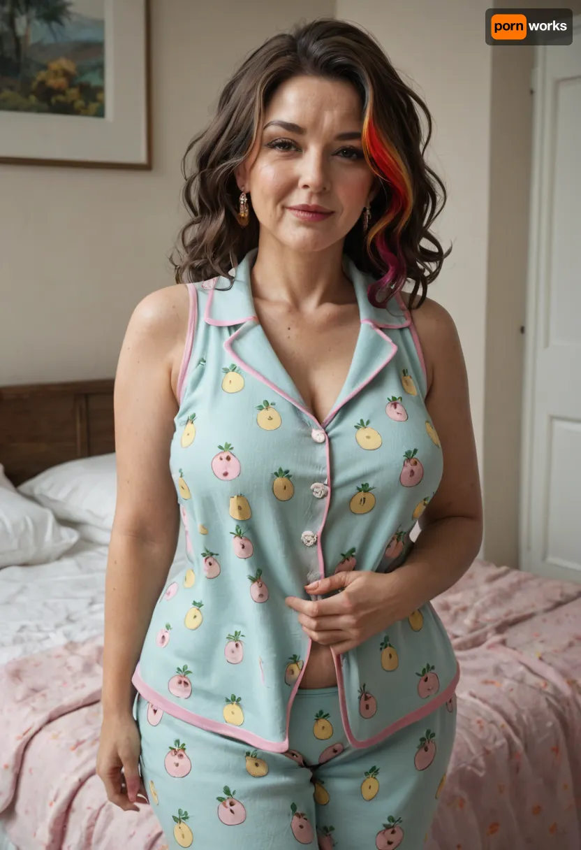 Dress, seductive Expression, looking at viewer, ((brunette hair with highlights)), curvy woman, gilf, fat stomach, mature, (((sleeveless pajamas))), big, hips