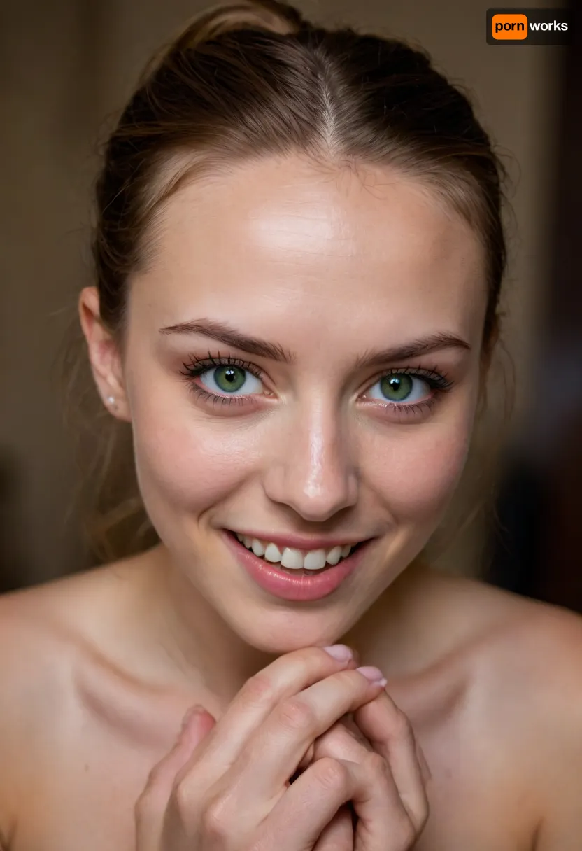 Realistic photography, Ultra quality, high detailed, straight on, very close-up, in an historical castle with high ceiling, woman bends against a wall, naked, well-built body, 19 years old, ((fair skin)), (middle sized boobs), ((small round green eyes)), ((round face)), (view to viewer), mouth open, cute face, brown hair with high ponytail, evil view, (evil smiling), head turned slightly right, discreet makeup, eyeliner, skin texture, skin freckles, (skin pores), symmetrical eyes, night, dark, high contrast, film grain, sharp focus, uhd 8k, high detailed skin, high detailed mouth, high detailed eyes, glossy eyes, high detailed iris, high detailed fingers, high detailed fingernails, manicure, high detailed vagina, high detailed teeth, high detailed lips, high detailed feet, soft light, ultra quality, dslr, masterpiece