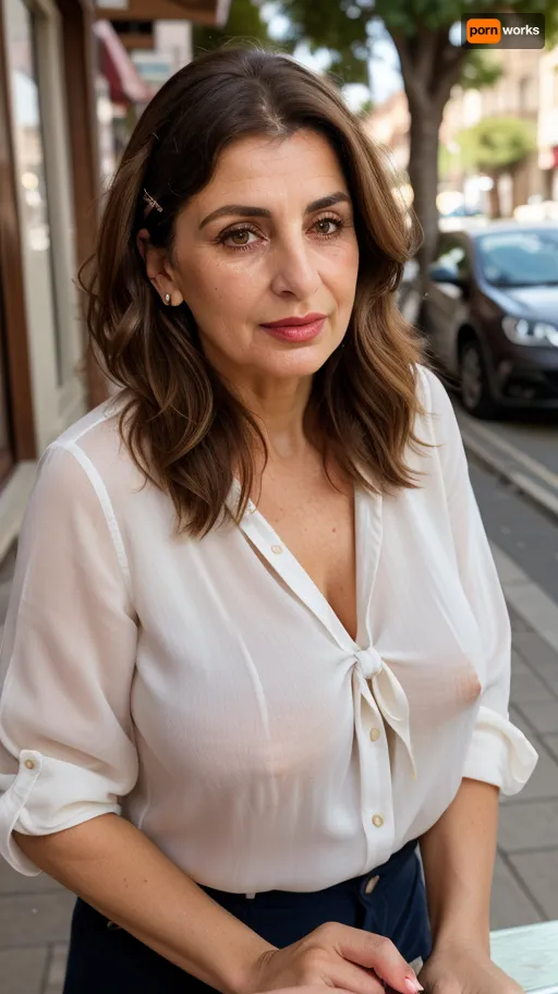 Full portrait picture of a 60 year old Armenian woman, front view, ((looking through her purse at a street cafe)), ((looking down)), leaning forward, accidentally exposing her breasts, (white formal buttoned shirt), plump, pale and freckled skin, ((brunette with highlights hair in hair clip at the bottom)), (high cheekbones), (characteristic nose), (lush bow shaped lips with intricate lipstick), (wrinkles around eyes), (delicate make-up), Nikon, zoom lens, masterpiece, highly detailed photo, milf, nipslip, <lora:age_slider_v20:.9>, <lora:epiCRealismHelper:.8>, <lora:Milf:.6>, <lora:RealDownblouse4:.8>