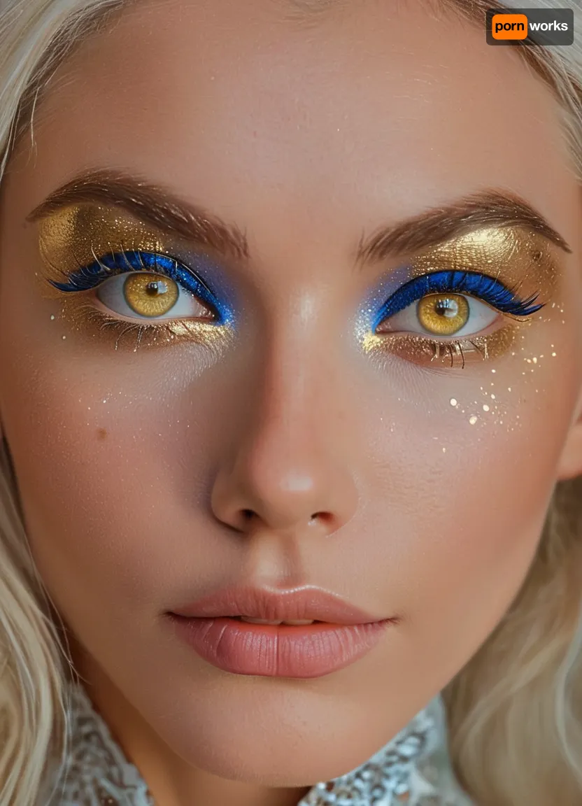 (masterpiece, best quality, ultra-detailed, photorealistic, HDR, fantasy portrait, extreme close-up), Aelith, feminine, young adult, face in soft diamond shape with symmetrical proportions, flawless deep sapphire-blue skin with subtle pearlescent glow, high sculpted cheekbones adorned with faint natural crystal-like patterns, elegant narrow nose with smooth bridge, full heart-shaped lips tinted in metallic blue gloss, (striking gold eyes with no visible pupils, glowing softly from within:1.5), long white lashes, soft arc of delicate silver brows, gentle serene smile, forehead and cheeks shimmer with iridescent highlight, elongated pointed ears, flowing silver-white hair with opal reflections, visible shoulders and upper chest in translucent silvery garment, background softly blurred with cosmic nebula colors and faint starlight, correct anatomy, luminous color and detail, five distinct non-fused fingers on each hand if visible, <lora:MJ52:1>, <lora:SDXLHighDetail_v6-000005:.8>, <lora:Microwaist_XL_v01:.8>