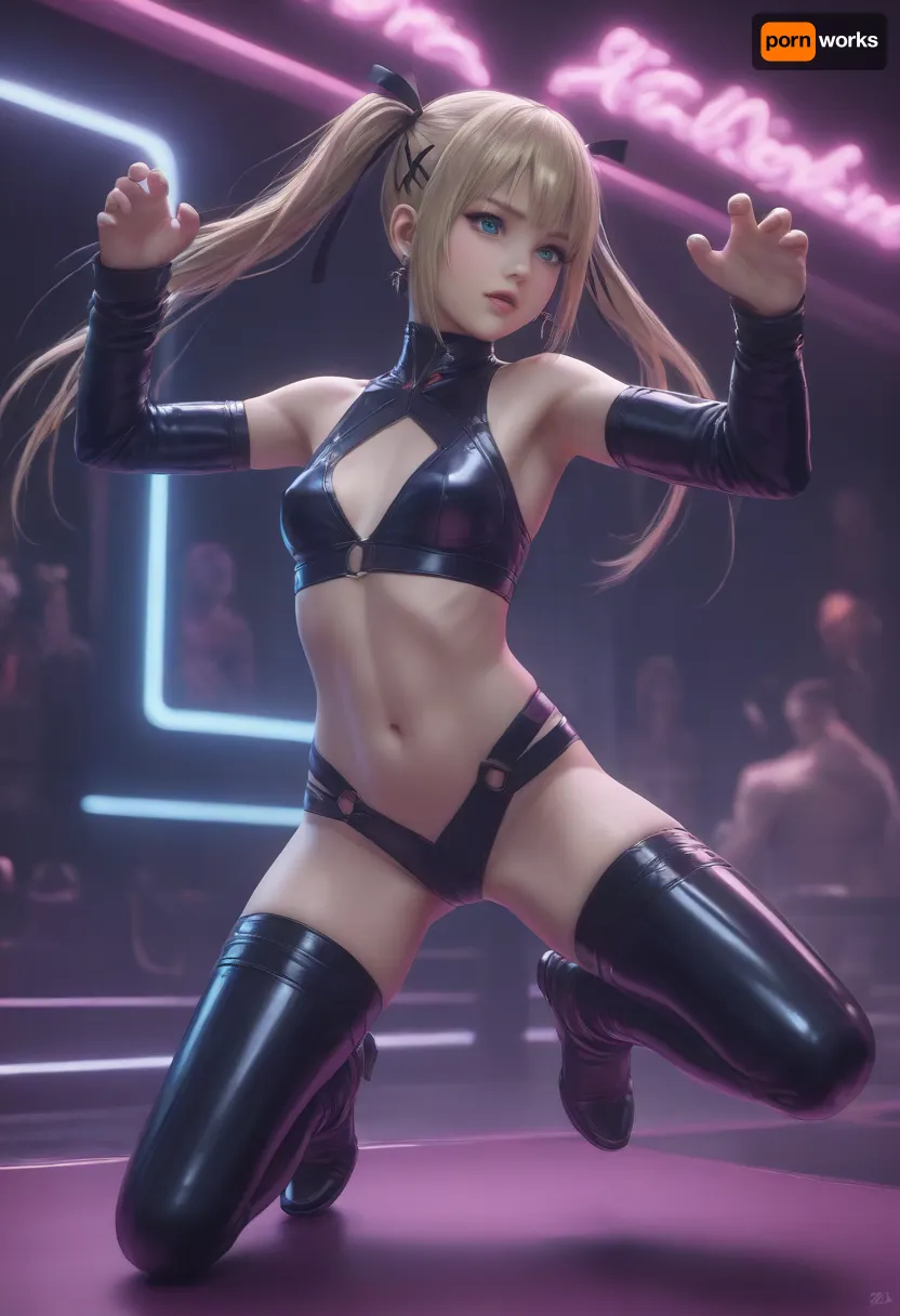 Marie Rose from Dead or Alive lewdly dancing on stage in cyberpunk bar, revealing pose, dynamic pose, action pose, neon lights, smoky atmosphere