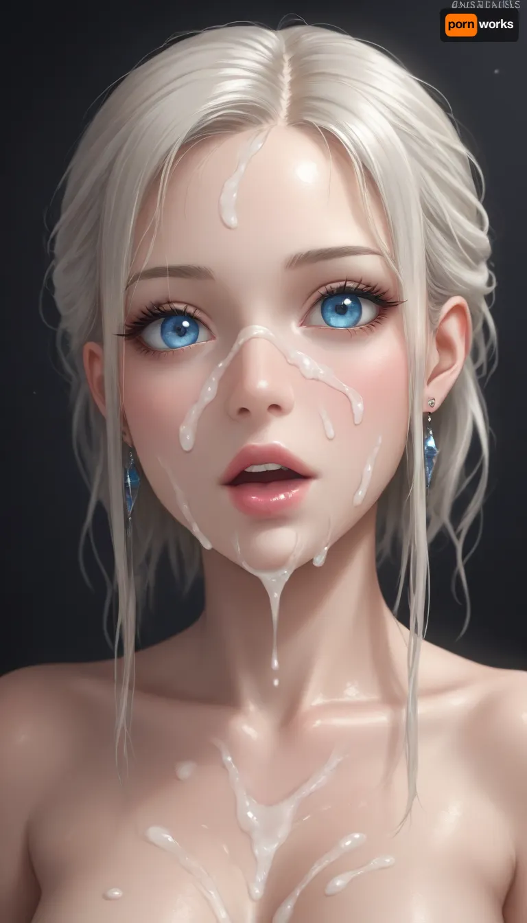 ((sexy cum covered face)), ((multiple cumshots)), blue eyes, beautiful eyelashes, a slightly open mouth from which sperm flows