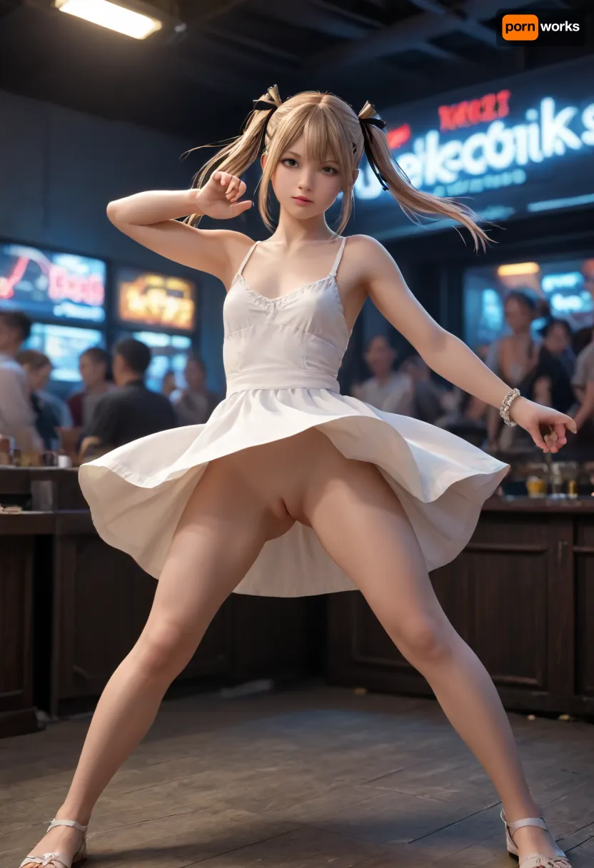 Marie Rose from Dead or Alive lewdly dancing on stage in cyberpunk bar, short white sundress, no bra, no panties, revealing pussy, dynamic pose, action pose, neon lights, smoky atmosphere
