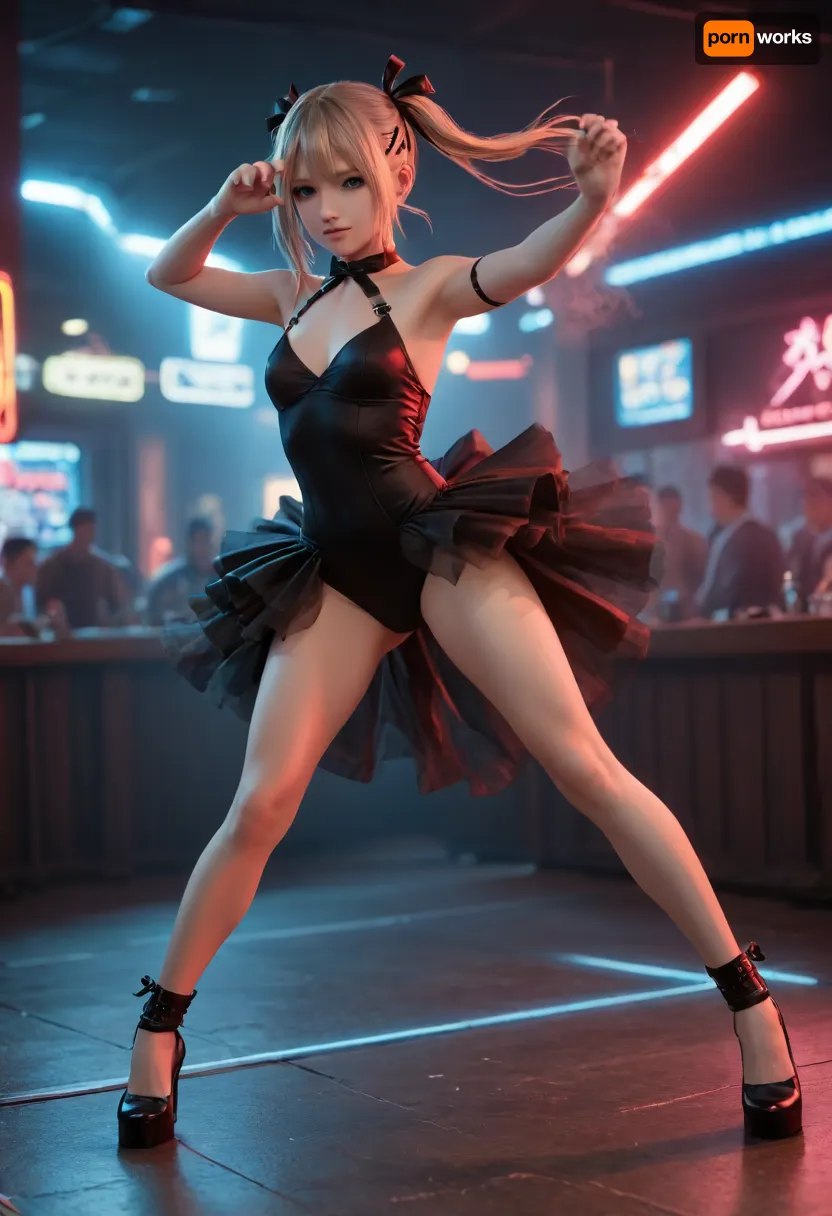 Marie Rose from Dead or Alive lewdly dancing on stage in cyberpunk bar, revealing pose, dynamic pose, action pose, neon lights, smoky atmosphere