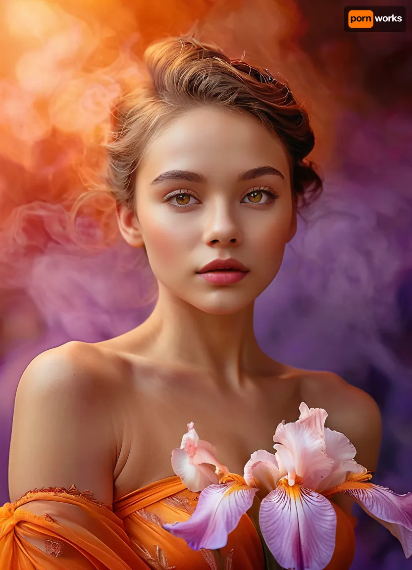 (masterpiece, best quality, ultra-detailed, photorealistic, HDR, fantasy art, portrait from face to upper thighs, full face, torso, and hips in frame, cropped above mid-thighs, figure centered, standing pose), female, young adult, Vesper, inhuman being, extremely sharp chin, face with gradient coloration—deep violet at the forehead softly blending to vivid pink at the neck, high angular cheekbones, three-petaled nose with three tiny nostrils, (eyes saturated orange with unique three-lobed iris:1.5), no visible sclera, long radiant lashes, upper lip shaped as a double wave, lower lip full, both lips metallic, shifting from magenta to copper, subtle smile, no natural eyebrows—thin faint glowing lines above eyes, ears elongated and shaped like flower petals, hair flows in long translucent pink waves, layered and cascading over shoulders, (upper body lithe, high prominent breasts with a soft luminescent glow, collarbones and shoulders sharply defined, covered by abstract swirling misty garment of shifting pinks and violets), (waist slender and flexible, belly and hips with smooth transition of gradient color, hips wide and high, upper thighs barely visible beneath layers of glowing fog-like fabric), hands by sides, long luminous fingers, background softly blurred—vivid cosmic mist and sparks, anatomy fantastical, ultra-real color, five distinct non-fused fingers on each hand if visible, <lora:MJ52:1>, <lora:SDXLHighDetail_v6-000005:.8>, <lora:Microwaist_XL_v01:.8>