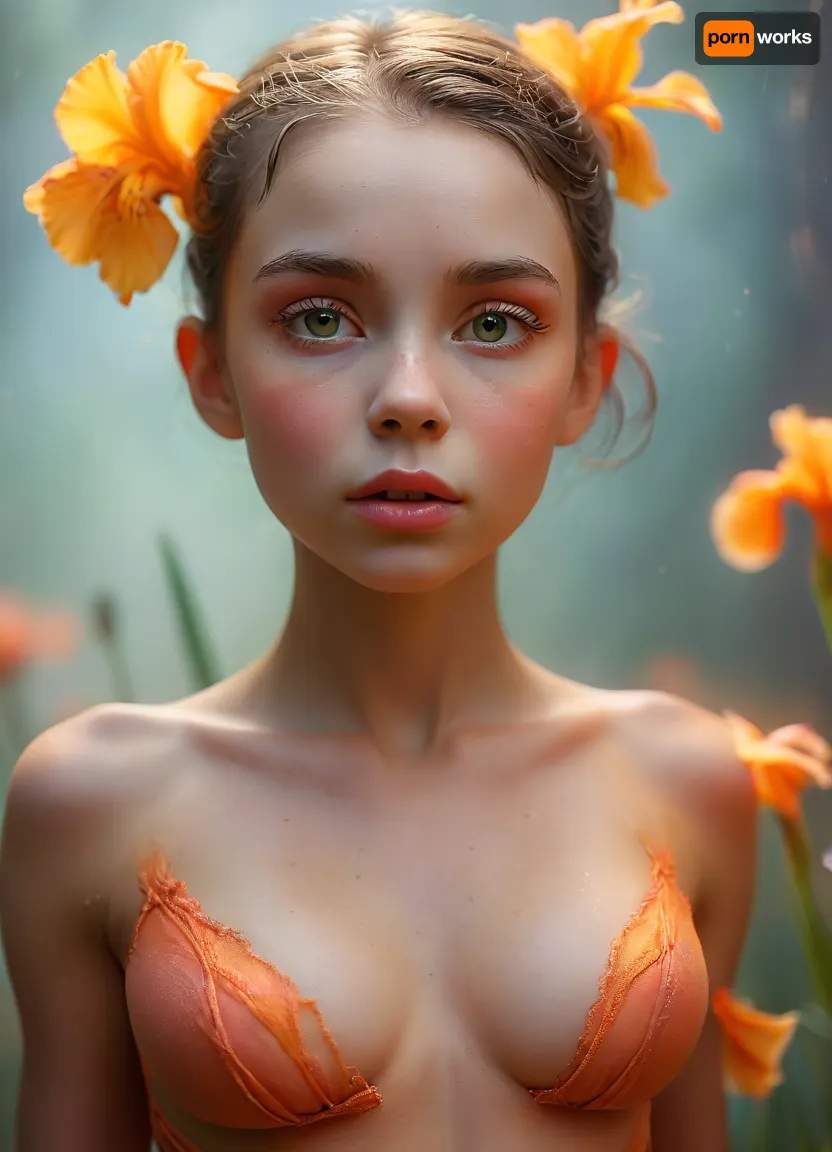 (masterpiece, best quality, ultra-detailed, photorealistic, HDR, fantasy art, portrait from face to upper thighs, full face, torso, and hips in frame, cropped above mid-thighs, figure centered, standing pose), female, young adult, Vesper, inhuman being, extremely sharp chin, face with gradient coloration—deep violet at the forehead softly blending to vivid pink at the neck, high angular cheekbones, three-petaled nose with three tiny nostrils, (eyes saturated orange with unique three-lobed iris:1.5), no visible sclera, long radiant lashes, upper lip shaped as a double wave, lower lip full, both lips metallic, shifting from magenta to copper, subtle smile, no natural eyebrows—thin faint glowing lines above eyes, ears elongated and shaped like flower petals, hair flows in long translucent pink waves, layered and cascading over shoulders, (upper body lithe, high prominent breasts with a soft luminescent glow, collarbones and shoulders sharply defined, covered by abstract swirling misty garment of shifting pinks and violets), (waist slender and flexible, belly and hips with smooth transition of gradient color, hips wide and high, upper thighs barely visible beneath layers of glowing fog-like fabric), hands by sides, long luminous fingers, background softly blurred—vivid cosmic mist and sparks, anatomy fantastical, ultra-real color, five distinct non-fused fingers on each hand if visible, <lora:MJ52:1>, <lora:SDXLHighDetail_v6-000005:.8>, <lora:Microwaist_XL_v01:.8>