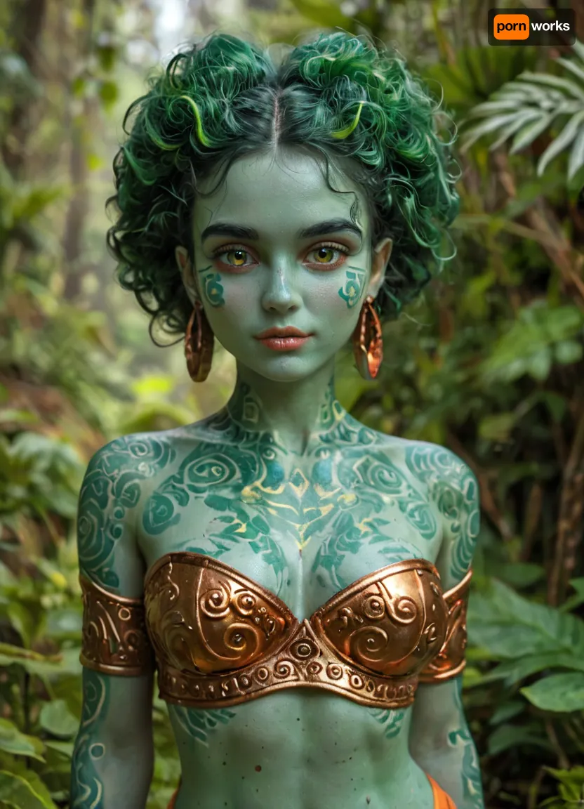 (masterpiece, best quality, ultra-detailed, photorealistic, HDR, fantasy art, portrait from face to upper thighs, full face and hips in frame, cropped above mid-thighs, figure centered, standing pose), female, young adult, Nia, inhuman Mayan-inspired being, rounded triangle face, deep glowing mahogany skin covered in swirling golden bioluminescent glyphs and markings, low square chin with defined central dimple, ultra-wide flat nose with upturned septum, enormous luminous emerald-green eyes with swirling amber rings and vertical slit pupils, no sclera, short crystalline rainbow lashes, thick angular obsidian-black feathered brows, (ultra-glossy, extremely wide flat lips with shifting iridescent crimson-gold color and precise vertical central line:1.5), gentle enigmatic smile, large ears shaped like stylized glowing tropical leaves edged in gold, jet-black sculptural hair swept upward into organic Mayan leaf forms with vibrant turquoise and magenta streaks, (upper body slender, chest and high rounded breasts adorned with bioluminescent Mayan glyphs, sheer layered iridescent jungle-green and orange fabrics crossing the bust and flowing over shoulders, collarbones and shoulders decorated с radiant golden tattoo patterns), (waist exceptionally narrow, smooth abdomen marked by luminous gold spiral lines, navel visible through transparent layers, hips dramatically wide, high and rounded, covered by semi-sheer cascading fabric that transitions from jungle green to fiery orange and fades at the upper thighs), hands at sides, elongated fingers with delicate golden webbing, background softly blurred, glowing rainforest, luminous leaves, mist, anatomy fantastical and harmonious, hyperreal color and detail, five distinct non-fused fingers on each hand if visible, <lora:MJ52:1>, <lora:SDXLHighDetail_v6-000005:.8>, <lora:Microwaist_XL_v01:.8>