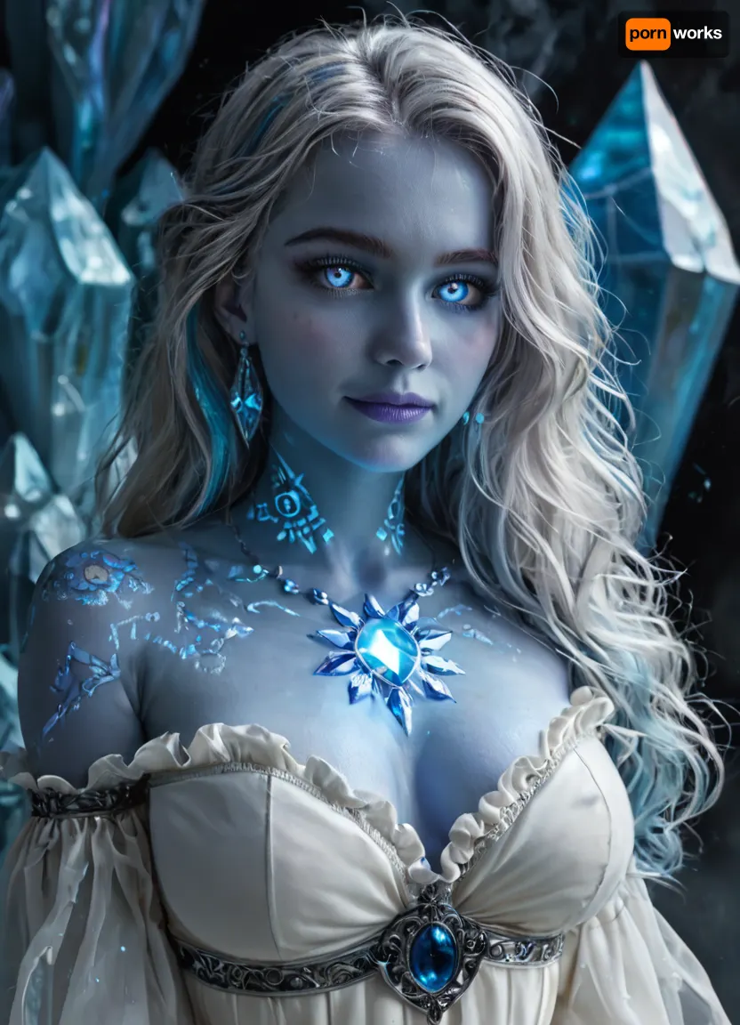 (masterpiece, best quality, ultra-detailed, photorealistic, HDR, fantasy art, full figure from head to hips, small face in frame, upper and lower body fully visible, standing pose, centered in frame), female, young adult, Aelith, fantastical inhuman being, elongated diamond-shaped face, sapphire-blue skin with strong opalescent glow and subtle inner luminescence, sculpted high cheekbones adorned с intricate crystalline patterns, no eyebrows — instead thin glowing silver lines above the eyes, (eyes entirely golden without pupils or sclera, softly glowing:1.5), very long translucent white lashes, elegant nose, full heart-shaped lips with iridescent blue-violet shine, serene enigmatic smile, elongated ears with crystalline edges, ultra-long silver hair with shifting rainbow highlights flowing well past waist, high glowing neck, (upper body slender and elongated, high rounded breasts with pearlescent shimmer, chest and bust covered by sheer crystal-like fabric that reveals natural form, crystalline collarbones and shoulders), (waist extremely narrow, pronounced hourglass figure, abdomen smooth, sapphire skin with glowing crystal vein patterns along the sides, visible navel through translucent garment), (hips gently flared, upper thighs visible, lower torso draped in flowing semi-transparent opalescent textile that diffuses into abstract cosmic haze), arms and hands relaxed at sides, five distinct non-fused fingers if visible, posture regal and ethereal, background, blurred cosmic nebula of radiant blues, violets, and white stars, anatomy correct, inhuman fantasy beauty, ultra-real color and clarity, <lora:MJ52:1>, <lora:SDXLHighDetail_v6-000005:.8>, <lora:Microwaist_XL_v01:.8>