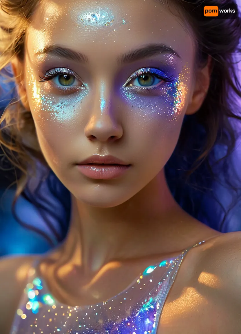 (masterpiece, best quality, ultra-detailed, photorealistic, HDR, fantasy art, waist-up view, upper body fully visible, face not in close-up, centered figure from head to waist), female, young adult, Aelith, otherworldly being, diamond-shaped elongated face, sapphire-blue skin with strong pearlescent glow and soft inner luminescence, sculpted cheekbones decorated с intricate crystalline patterns resembling natural minerals, no natural eyebrows — instead thin glowing silver lines above the eyes, (eyes entirely golden with no visible pupils or sclera, glowing softly from within:1.5), very long semi-transparent white lashes, elegant straight nose, full heart-shaped lips with metallic blue-violet shine, serene and enigmatic smile, ears elongated and edged with crystalline protrusions, hair extremely long, thick, pure silver with shifting iridescent highlights, flows to waist and frames shoulders, high slender neck glowing from within, (chest and bust clearly visible, chest and breasts covered by sheer translucent fabric with abstract opalescent refractions, visible shape of firm, naturally rounded breasts and upper curvature, skin beneath the fabric shimmers softly, crystalline collarbones catch the light), (waist very slim and elongated, smooth sapphire-blue skin, sides adorned with subtle glowing crystal veins, hint of navel visible through fabric, lower body transitioning into flowing garment made of liquid glass texture, hips gently widening in a harmonious line from narrow waist), posture poised and still, background softly blurred as a cosmic nebula of blues and violets with radiant starlight, five distinct non-fused fingers on each hand if visible, anatomically correct, inhuman beauty, hyperreal color, ultra-sharp detail, <lora:MJ52:1>, <lora:SDXLHighDetail_v6-000005:.8>, <lora:Microwaist_XL_v01:.8>