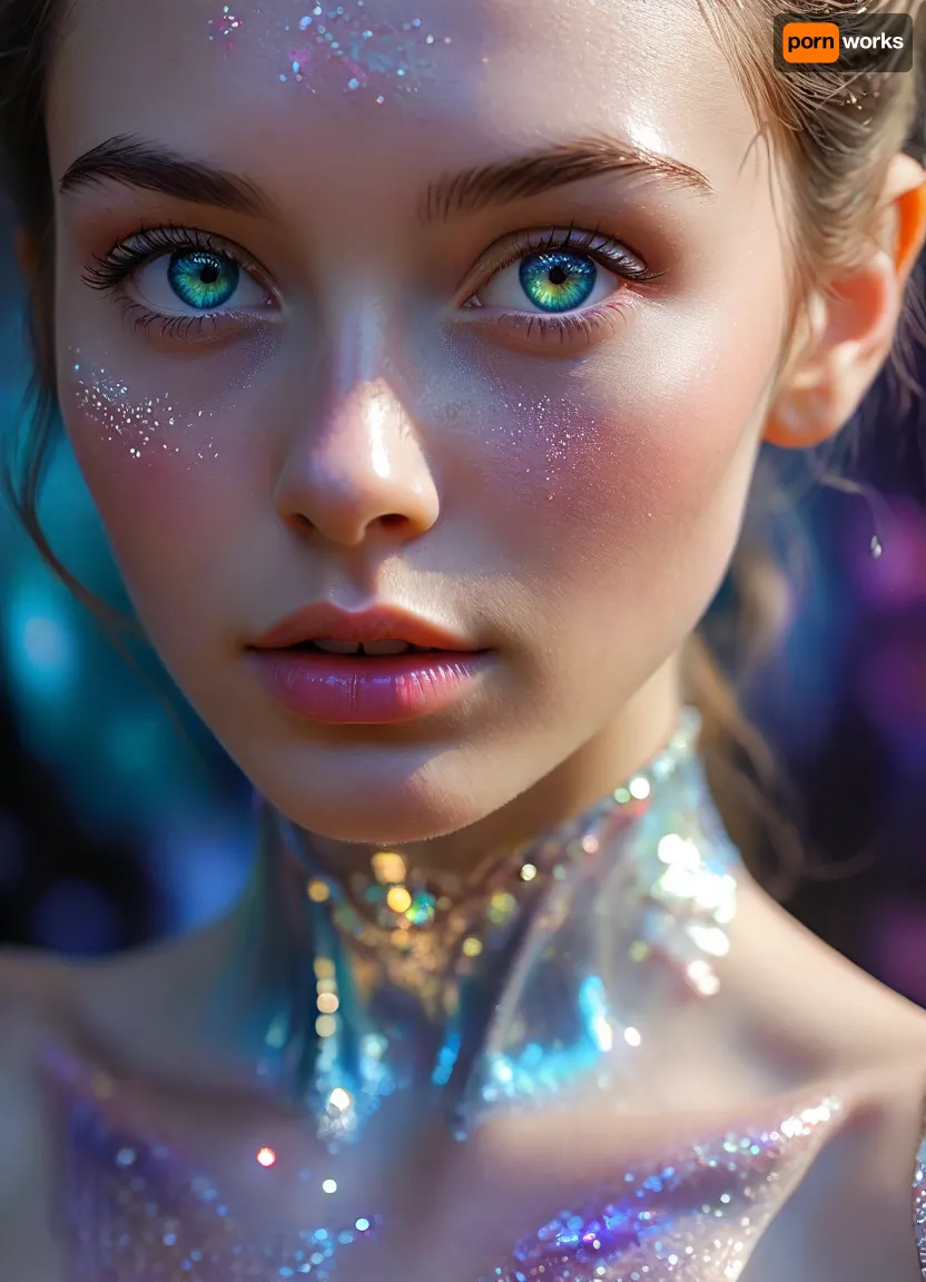 (masterpiece, best quality, ultra-detailed, photorealistic, HDR, fantasy art, waist-up portrait, entire figure from head to waist, face and upper body centered in frame, direct visual focus), female, young adult, Aelith, fantastical being, inhuman, sapphire-blue skin with intense pearlescent glow and inner luminescence, diamond-shaped elongated face, sharply sculpted cheekbones adorned with complex, crystalline natural patterns shimmering in rainbow hues, completely gold irises with no visible pupils or sclera, eyes softly glowing from within, long translucent white lashes, brow area replaced by thin luminescent silver lines, nose small, smooth, with perfectly straight bridge, lips heart-shaped, metallic ultramarine and violet shine, no natural texture, gentle enigmatic smile, ears extended upward and outward with crystalline outgrowths along edges, hair hyperlong, thick, silver-white with shifting iridescent tints, cascading to waist in abstract fluid waves, high swanlike neck glowing from within, shoulders and chest sheathed in semi-transparent glassy fabric with abstract opalescent refractions and subtle prismatic highlights, skin beneath garment subtly shimmers, natural crystalline collar and pauldrons formed by body, posture regal and still, background softly blurred — cosmic nebula of deep blues, purples, shimmering starlight, five distinct non-fused fingers on each hand if visible, perfect anatomy, hyperreal color, ultra-sharp focus, <lora:MJ52:1>, <lora:SDXLHighDetail_v6-000005:.8>, <lora:Microwaist_XL_v01:.8>, <lora:EnvyZoomSliderXL01:-1>
