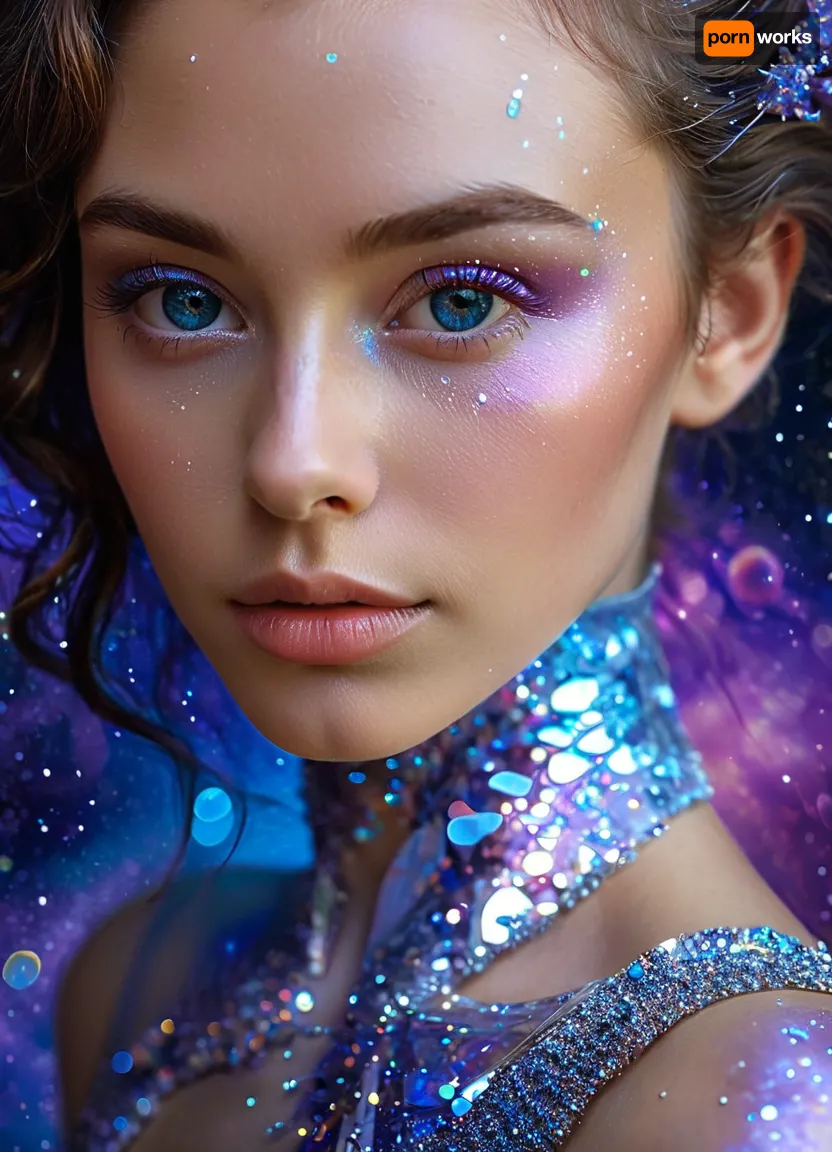 (masterpiece, best quality, ultra-detailed, photorealistic, HDR, fantasy art, waist-up portrait, entire figure from head to waist, face and upper body centered in frame, direct visual focus), female, young adult, Aelith, fantastical being, inhuman, sapphire-blue skin with intense pearlescent glow and inner luminescence, diamond-shaped elongated face, sharply sculpted cheekbones adorned with complex, crystalline natural patterns shimmering in rainbow hues, completely gold irises with no visible pupils or sclera, eyes softly glowing from within, long translucent white lashes, brow area replaced by thin luminescent silver lines, nose small, smooth, with perfectly straight bridge, lips heart-shaped, metallic ultramarine and violet shine, no natural texture, gentle enigmatic smile, ears extended upward and outward with crystalline outgrowths along edges, hair hyperlong, thick, silver-white with shifting iridescent tints, cascading to waist in abstract fluid waves, high swanlike neck glowing from within, shoulders and chest sheathed in semi-transparent glassy fabric with abstract opalescent refractions and subtle prismatic highlights, skin beneath garment subtly shimmers, natural crystalline collar and pauldrons formed by body, posture regal and still, background softly blurred — cosmic nebula of deep blues, purples, shimmering starlight, five distinct non-fused fingers on each hand if visible, perfect anatomy, hyperreal color, ultra-sharp focus, <lora:MJ52:1>, <lora:SDXLHighDetail_v6-000005:.8>, <lora:Microwaist_XL_v01:.8>
