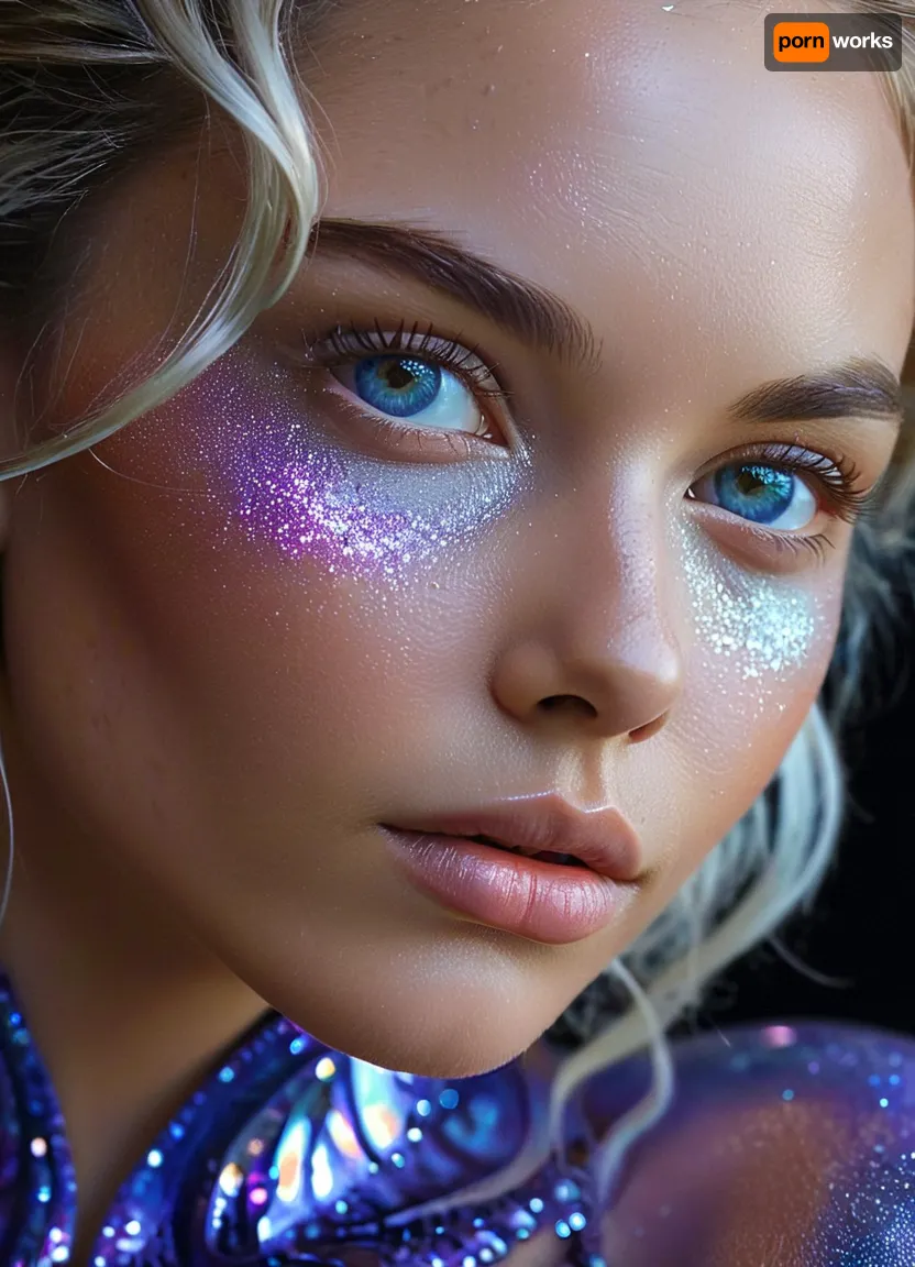 (masterpiece, best quality, ultra-detailed, photorealistic, HDR, fantasy art, waist-up portrait, entire figure from head to waist, face and upper body centered in frame, direct visual focus), female, young adult, Aelith, fantastical being, inhuman, sapphire-blue skin with intense pearlescent glow and inner luminescence, diamond-shaped elongated face, sharply sculpted cheekbones adorned with complex, crystalline natural patterns shimmering in rainbow hues, completely gold irises with no visible pupils or sclera, eyes softly glowing from within, long translucent white lashes, brow area replaced by thin luminescent silver lines, nose small, smooth, with perfectly straight bridge, lips heart-shaped, metallic ultramarine and violet shine, no natural texture, gentle enigmatic smile, ears extended upward and outward with crystalline outgrowths along edges, hair hyperlong, thick, silver-white with shifting iridescent tints, cascading to waist in abstract fluid waves, high swanlike neck glowing from within, shoulders and chest sheathed in semi-transparent glassy fabric with abstract opalescent refractions and subtle prismatic highlights, skin beneath garment subtly shimmers, natural crystalline collar and pauldrons formed by body, posture regal and still, background softly blurred — cosmic nebula of deep blues, purples, shimmering starlight, five distinct non-fused fingers on each hand if visible, perfect anatomy, hyperreal color, ultra-sharp focus, <lora:MJ52:1>, <lora:SDXLHighDetail_v6-000005:.8>, <lora:Microwaist_XL_v01:.8>, <lora:EnvyZoomSliderXL01:.1>