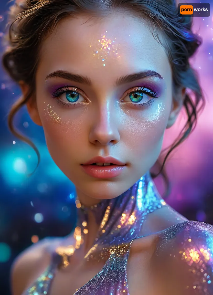 (masterpiece, best quality, ultra-detailed, photorealistic, HDR, fantasy art, waist-up portrait, entire figure from head to waist, face and upper body centered in frame, direct visual focus), female, young adult, Aelith, fantastical being, inhuman, sapphire-blue skin with intense pearlescent glow and inner luminescence, diamond-shaped elongated face, sharply sculpted cheekbones adorned with complex, crystalline natural patterns shimmering in rainbow hues, completely gold irises with no visible pupils or sclera, eyes softly glowing from within, long translucent white lashes, brow area replaced by thin luminescent silver lines, nose small, smooth, with perfectly straight bridge, lips heart-shaped, metallic ultramarine and violet shine, no natural texture, gentle enigmatic smile, ears extended upward and outward with crystalline outgrowths along edges, hair hyperlong, thick, silver-white with shifting iridescent tints, cascading to waist in abstract fluid waves, high swanlike neck glowing from within, shoulders and chest sheathed in semi-transparent glassy fabric with abstract opalescent refractions and subtle prismatic highlights, skin beneath garment subtly shimmers, natural crystalline collar and pauldrons formed by body, posture regal and still, background softly blurred — cosmic nebula of deep blues, purples, shimmering starlight, five distinct non-fused fingers on each hand if visible, perfect anatomy, hyperreal color, ultra-sharp focus, <lora:MJ52:1>, <lora:SDXLHighDetail_v6-000005:.8>, <lora:Microwaist_XL_v01:.8>