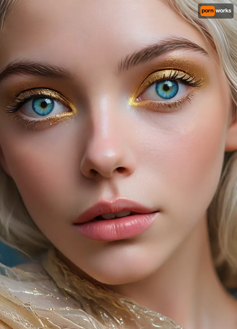 (masterpiece, best quality, ultra-detailed, photorealistic, HDR, fantasy portrait, extreme close-up), Aelith, feminine, young adult, face in soft diamond shape with symmetrical proportions, flawless deep sapphire-blue skin with subtle pearlescent glow, high sculpted cheekbones adorned with faint natural crystal-like patterns, elegant narrow nose with smooth bridge, full heart-shaped lips tinted in metallic blue gloss, (striking gold eyes with no visible pupils, glowing softly from within:1.5), long white lashes, soft arc of delicate silver brows, gentle serene smile, forehead and cheeks shimmer with iridescent highlight, elongated pointed ears, flowing silver-white hair with opal reflections, visible shoulders and upper chest in translucent silvery garment, background softly blurred with cosmic nebula colors and faint starlight, correct anatomy, luminous color and detail, five distinct non-fused fingers on each hand if visible, <lora:MJ52:1>, <lora:SDXLHighDetail_v6-000005:.8>, <lora:Microwaist_XL_v01:.8>