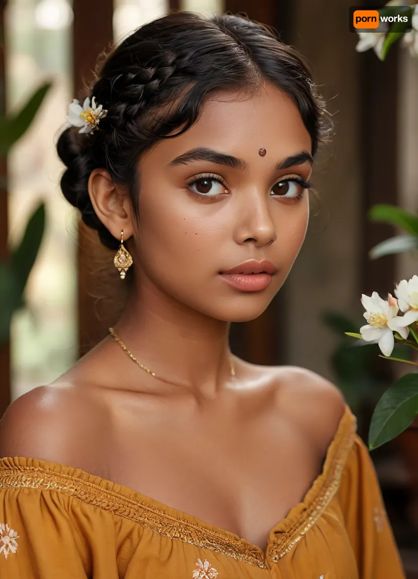 (masterpiece, best quality, ultra-detailed, photorealistic, HDR, warm tropical indoor lighting), 18-year-old Sinhalese girl Priya, Colombo, diamond-shaped face with narrow temples and defined jaw tapering sharply to chin, radiant golden-brown skin with subtle red undertone, high sculpted cheekbones with warm blush, short broad nose with slight bump and wide bridge, almond amber eyes with soft feline shape and reflective gold flecks, short arched thick brows, (ultra-glossy, long narrow lips with visible dimple on lower lip:1.5), lips painted in cinnamon gloss, serene and introspective smile, eyelids shaded in soft turmeric and bronze tones, medium upward-curling lashes, each brow and lash hair rendered precisely, (thick deep black hair in a high braided bun with jasmine flowers:1.2), visible shoulders and upper chest in an off-shoulder silk saffron blouse with subtle embroidery above the bust, traditional silver stud earrings, peaceful meditation space in background with wooden flooring, potted greenery, incense, correct anatomy, deep rich tone and clarity, <lora:MJ52:1>, <lora:SDXLHighDetail_v6-000005:.8>, <lora:Microwaist_XL_v01:.8>