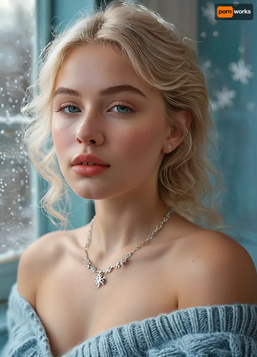 (masterpiece, best quality, ultra-detailed, photorealistic, HDR, cool Nordic window light), 18-year-old Swedish girl Agata, Stockholm, elongated pear-shaped face with narrow jaw, nearly translucent icy skin with soft frost-pink blush, prominent cheekbones, short narrow nose with flat tip, unique light-silver eyes with warm golden ring at the limbus, short plush low-set brows, (ultra-glossy, very short plump lips with visible asymmetry:1.5), lips tinted in cool pink gloss, quiet thoughtful smile, eyelids with pale silver and light taupe, short fuzzy lashes, fine brow and lash texture, long platinum blonde hair with a gentle wave, (tucked behind one ear:1.2), low rounded hairline, visible shoulders and upper chest in an off-shoulder pale blue angora sweater, fluffy texture softly draped above bust, silver snowflake necklace, cozy Scandinavian interior with candles, books, frosted window, correct anatomy, crisp cool color and exceptional detail, <lora:MJ52:1>, <lora:SDXLHighDetail_v6-000005:.8>, <lora:Microwaist_XL_v01:.8>