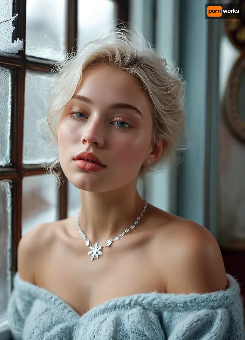 (masterpiece, best quality, ultra-detailed, photorealistic, HDR, cool Nordic window light), 18-year-old Swedish girl Agata, Stockholm, elongated pear-shaped face with narrow jaw, nearly translucent icy skin with soft frost-pink blush, prominent cheekbones, short narrow nose with flat tip, unique light-silver eyes with warm golden ring at the limbus, short plush low-set brows, (ultra-glossy, very short plump lips with visible asymmetry:1.5), lips tinted in cool pink gloss, quiet thoughtful smile, eyelids with pale silver and light taupe, short fuzzy lashes, fine brow and lash texture, long platinum blonde hair with a gentle wave, (tucked behind one ear:1.2), low rounded hairline, visible shoulders and upper chest in an off-shoulder pale blue angora sweater, fluffy texture softly draped above bust, silver snowflake necklace, cozy Scandinavian interior with candles, books, frosted window, correct anatomy, crisp cool color and exceptional detail, <lora:MJ52:1>, <lora:SDXLHighDetail_v6-000005:.8>, <lora:Microwaist_XL_v01:.8>