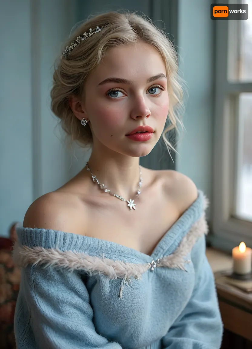 (masterpiece, best quality, ultra-detailed, photorealistic, HDR, cool Nordic window light), 18-year-old Swedish girl Agata, Stockholm, elongated pear-shaped face with narrow jaw, nearly translucent icy skin with soft frost-pink blush, prominent cheekbones, short narrow nose with flat tip, unique light-silver eyes with warm golden ring at the limbus, short plush low-set brows, (ultra-glossy, very short plump lips with visible asymmetry:1.5), lips tinted in cool pink gloss, quiet thoughtful smile, eyelids with pale silver and light taupe, short fuzzy lashes, fine brow and lash texture, long platinum blonde hair with a gentle wave, (tucked behind one ear:1.2), low rounded hairline, visible shoulders and upper chest in an off-shoulder pale blue angora sweater, fluffy texture softly draped above bust, silver snowflake necklace, cozy Scandinavian interior with candles, books, frosted window, correct anatomy, crisp cool color and exceptional detail, <lora:MJ52:1>, <lora:SDXLHighDetail_v6-000005:.8>, <lora:Microwaist_XL_v01:.8>