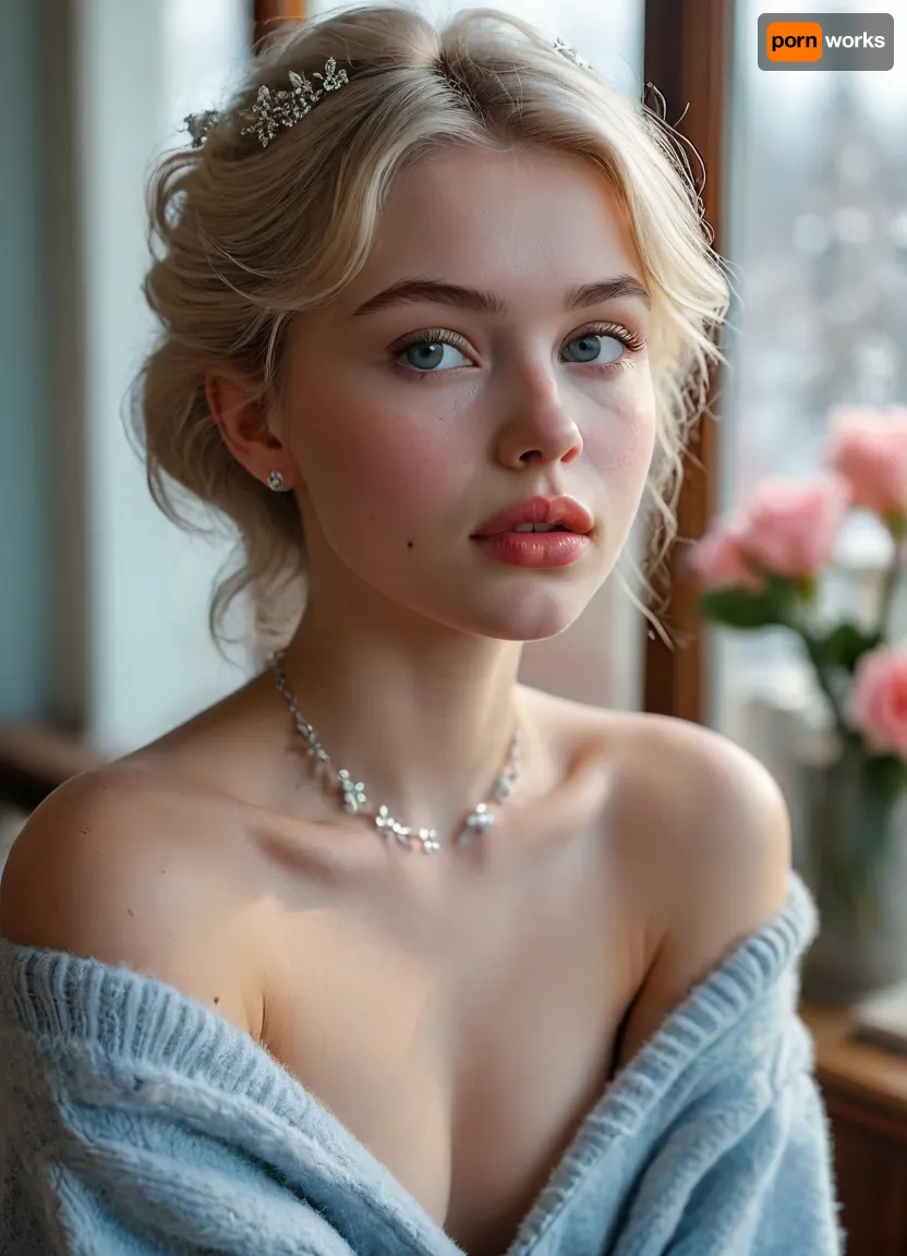 (masterpiece, best quality, ultra-detailed, photorealistic, HDR, cool Nordic window light), 18-year-old Swedish girl Agata, Stockholm, elongated pear-shaped face with narrow jaw, nearly translucent icy skin with soft frost-pink blush, prominent cheekbones, short narrow nose with flat tip, unique light-silver eyes with warm golden ring at the limbus, short plush low-set brows, (ultra-glossy, very short plump lips with visible asymmetry:1.5), lips tinted in cool pink gloss, quiet thoughtful smile, eyelids with pale silver and light taupe, short fuzzy lashes, fine brow and lash texture, long platinum blonde hair with a gentle wave, (tucked behind one ear:1.2), low rounded hairline, visible shoulders and upper chest in an off-shoulder pale blue angora sweater, fluffy texture softly draped above bust, silver snowflake necklace, cozy Scandinavian interior with candles, books, frosted window, correct anatomy, crisp cool color and exceptional detail, <lora:MJ52:1>, <lora:SDXLHighDetail_v6-000005:.8>, <lora:Microwaist_XL_v01:.8>