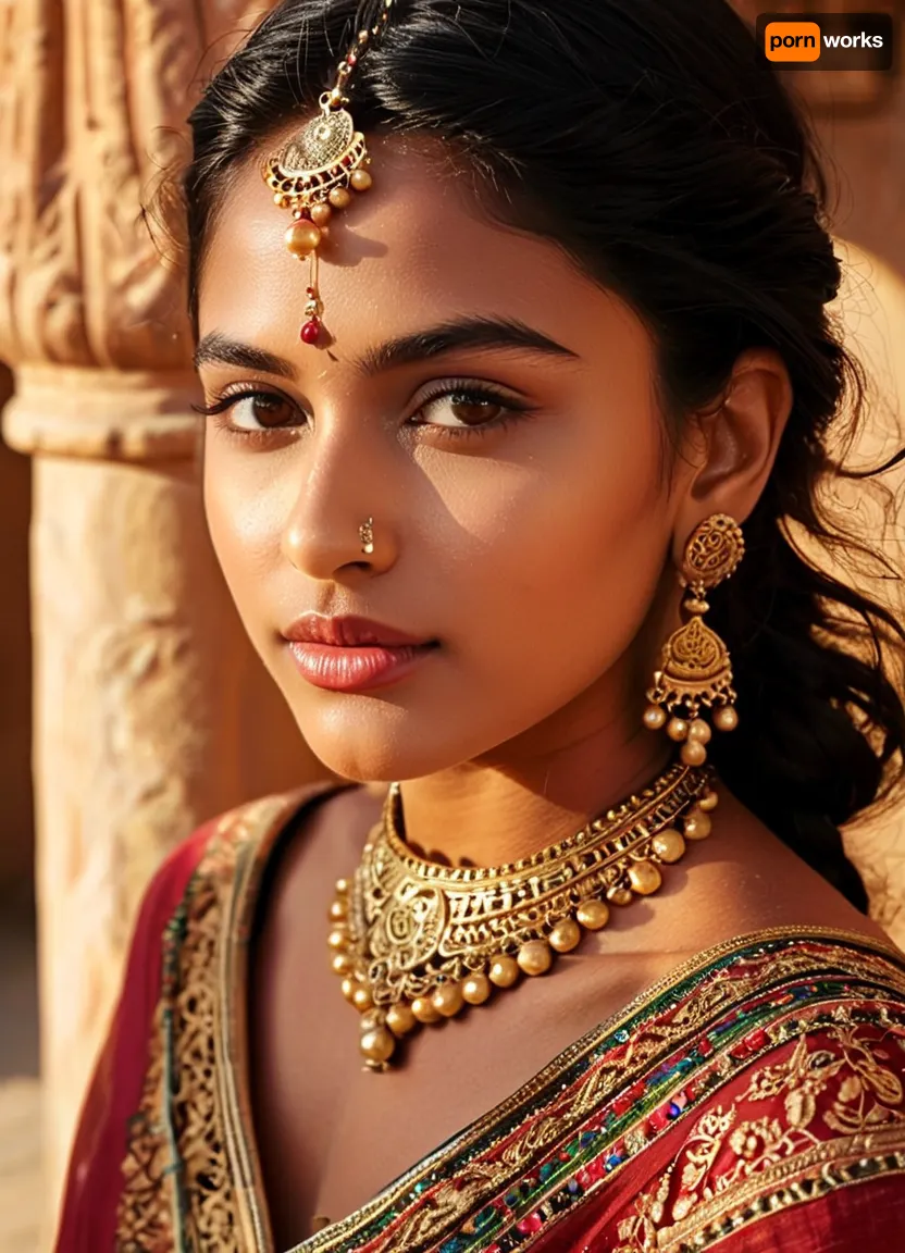 (masterpiece, best quality, ultra-detailed, photorealistic, HDR, golden Rajasthan daylight), 18-year-old Rajasthani girl Mira, elongated triangular face with sharp chin, amber-brown skin with golden shimmer and natural glow, pronounced high cheekbones, very large round black eyes with expressive gaze, thick very dark brows with strong gap at the start, (ultra-glossy, medium lips with dramatically downturned corners:1.5), lips painted in terracotta gloss, subtle enigmatic smile, eyelids highlighted in warm sand and bronze, medium straight lashes, every brow and lash hair rendered in detail, (long straight black hair in a single low braid with golden thread:1.2), visible shoulders and upper chest in a vibrant red and gold off-shoulder choli, intricate ethnic embroidery above the bust, gold jhumka earrings and bindi on the forehead, sunlit palace room with carved stone and traditional patterns, correct anatomy, vivid natural color, <lora:MJ52:1>, <lora:SDXLHighDetail_v6-000005:.8>, <lora:Microwaist_XL_v01:.8>