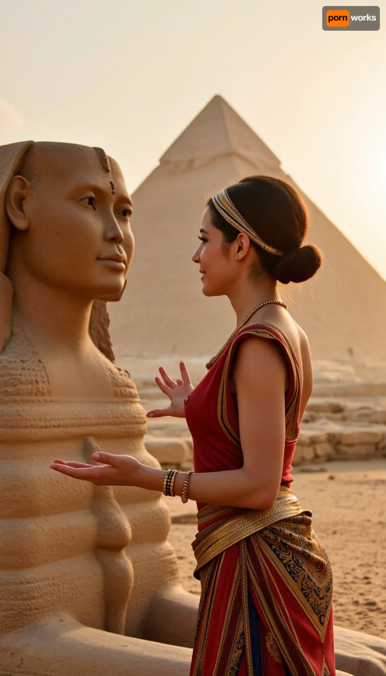 An elegant Egyptian woman, adorned with gold jewelry and a vibrant headdress, standing confidently before a colossal sphinx. The sphinx, with the body of a lion and the head of a human, is carved from ancient sandstone and exhibits intricate details of its powerful muscles and majestic countenance. The woman's eyes are filled with wisdom and curiosity as she gazes into the enigmatic eyes of the sphinx, which seem to hold the secrets of the ages. Her arms are open, gesturing in a conversational manner, suggesting an exchange of knowledge or a riddle being posed. The scene is set against the backdrop of a vast, sandy desert, with the grandeur of the Great Pyramid of Giza looming in the distance. The sun is low on the horizon, casting a warm, golden light that bathes both the woman and the sphinx in a serene glow. The atmosphere is one of reverence and mystery, as the timeless guardian and the modern inquisitor engage in an improbable dialogue that bridges the gap between the ancient world and the present day. The vivid colors of the woman's garments contrast sharply with the muted tones of the desert and the sphinx, drawing the viewer's attention to the dynamic interaction between the two figures. The entire scene exudes a sense of awe and wonder, inviting the observer to ponder the untold stories that could arise from such an extraordinary encounter.