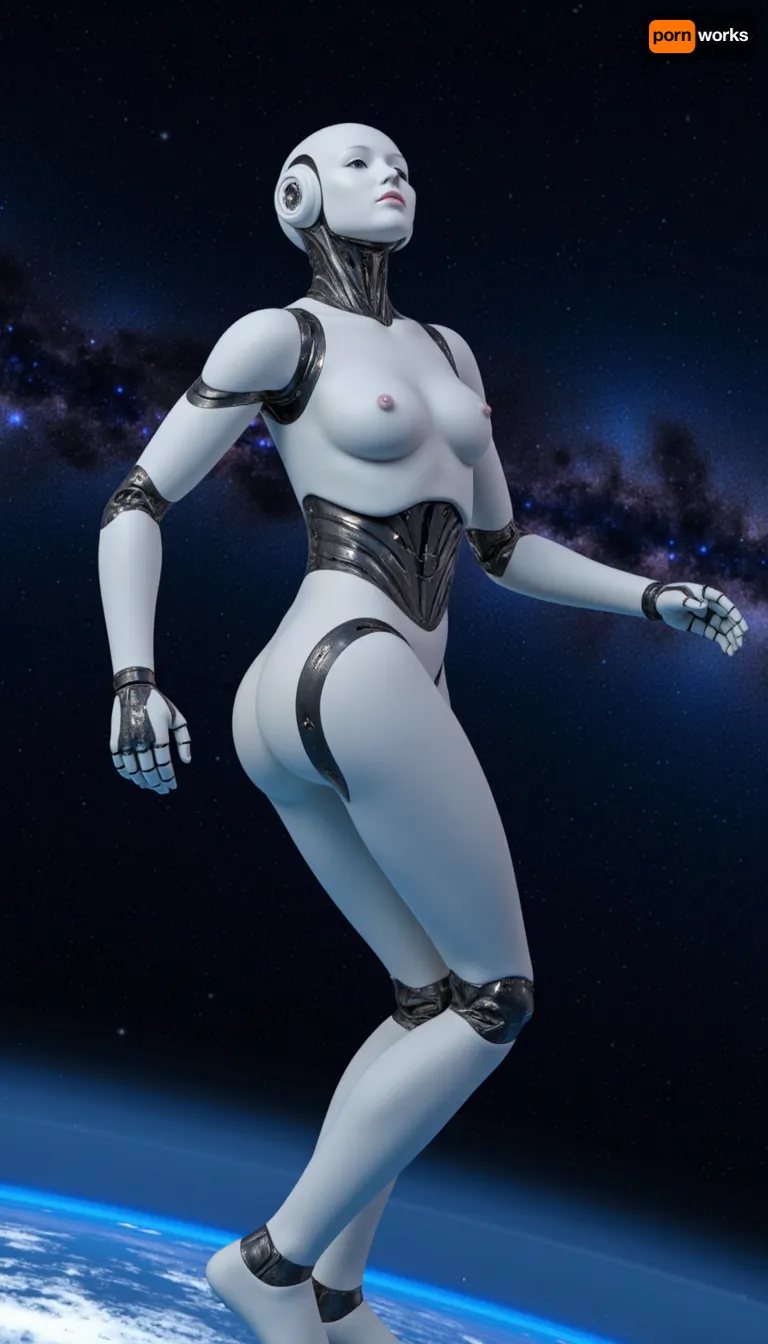 A robotic android woman dancing amongst the stars of the galaxy