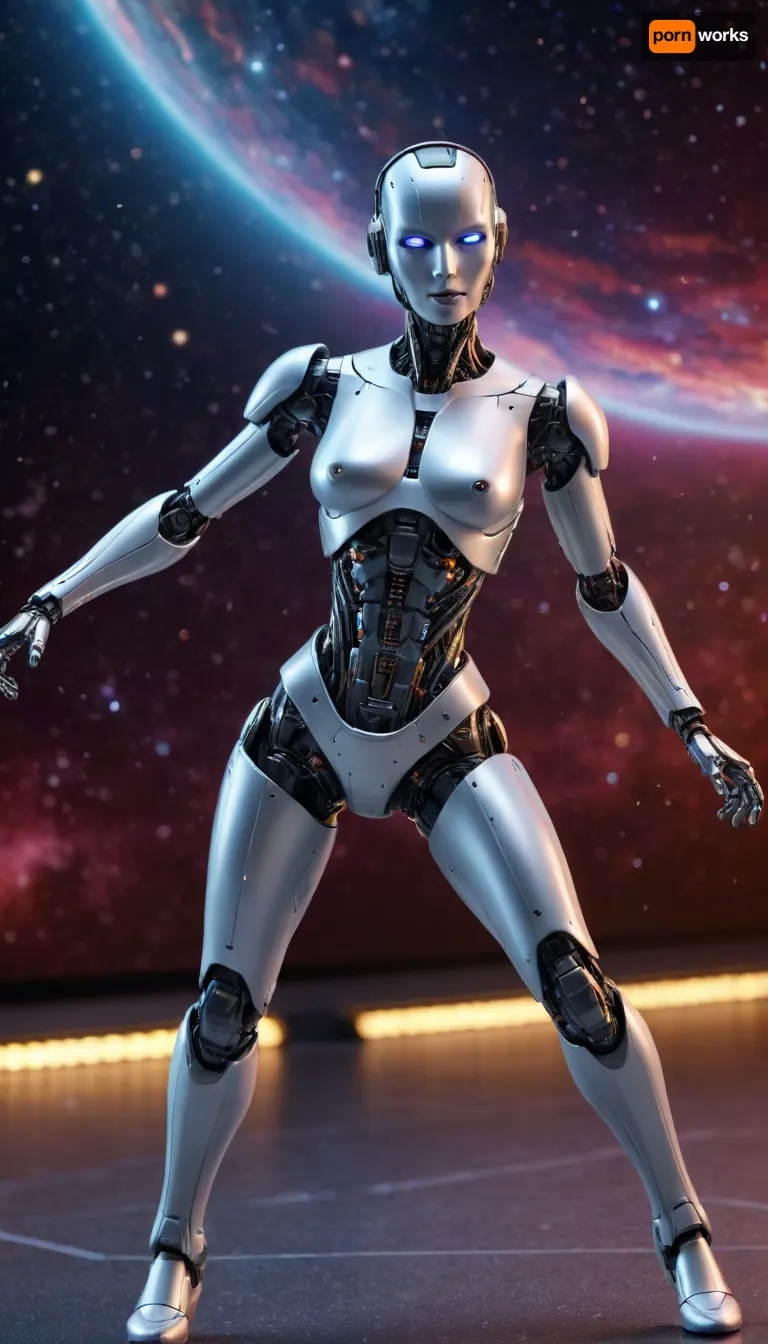 A robotic android woman dancing amongst the stars of the galaxy