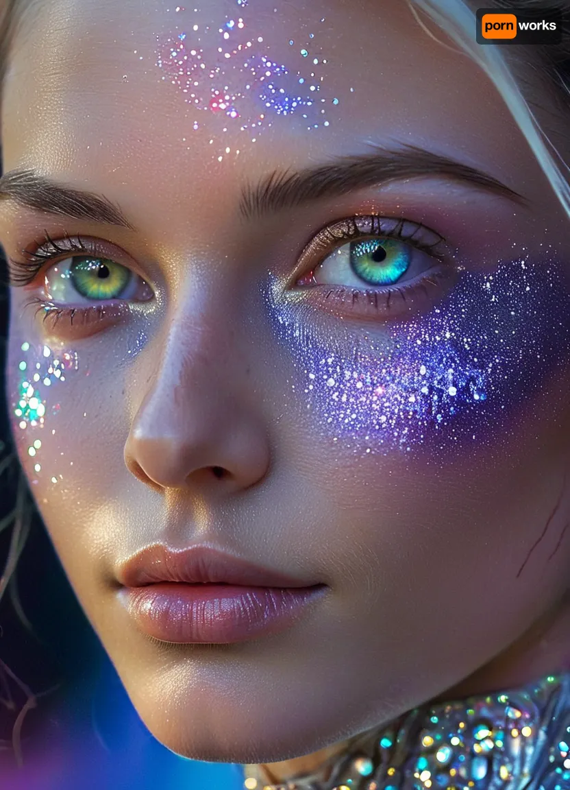 (masterpiece, best quality, ultra-detailed, photorealistic, HDR, fantasy art, waist-up portrait, entire figure from head to waist, face and upper body centered in frame, direct visual focus), female, young adult, Aelith, fantastical being, inhuman, sapphire-blue skin with intense pearlescent glow and inner luminescence, diamond-shaped elongated face, sharply sculpted cheekbones adorned with complex, crystalline natural patterns shimmering in rainbow hues, completely gold irises with no visible pupils or sclera, eyes softly glowing from within, long translucent white lashes, brow area replaced by thin luminescent silver lines, nose small, smooth, with perfectly straight bridge, lips heart-shaped, metallic ultramarine and violet shine, no natural texture, gentle enigmatic smile, ears extended upward and outward with crystalline outgrowths along edges, hair hyperlong, thick, silver-white with shifting iridescent tints, cascading to waist in abstract fluid waves, high swanlike neck glowing from within, shoulders and chest sheathed in semi-transparent glassy fabric with abstract opalescent refractions and subtle prismatic highlights, skin beneath garment subtly shimmers, natural crystalline collar and pauldrons formed by body, posture regal and still, background softly blurred — cosmic nebula of deep blues, purples, shimmering starlight, five distinct non-fused fingers on each hand if visible, perfect anatomy, hyperreal color, ultra-sharp focus, <lora:MJ52:1>, <lora:SDXLHighDetail_v6-000005:.8>, <lora:Microwaist_XL_v01:.8>, <lora:EnvyZoomSliderXL01:-1>