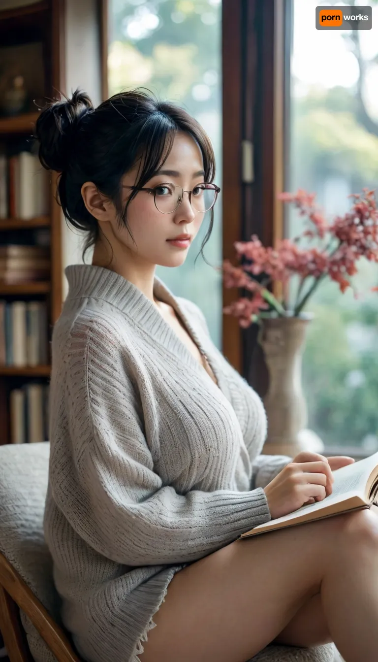 Adult Japanese woman 45 years old, long black hair in a bun, brown eyes, wearing reading glasses. She is wearing a gray oversize knitted sweater and lace shorts. She has big breasts, a beautiful figure, and a big, beautiful ass. She is sitting on a chair, holding a book and reading it. The room is decorated in a Japanese style, and it is set in the present day., <lora:MJ52:.9>, jpn-girl, <lora:japanese_girl_v1.1:.8>