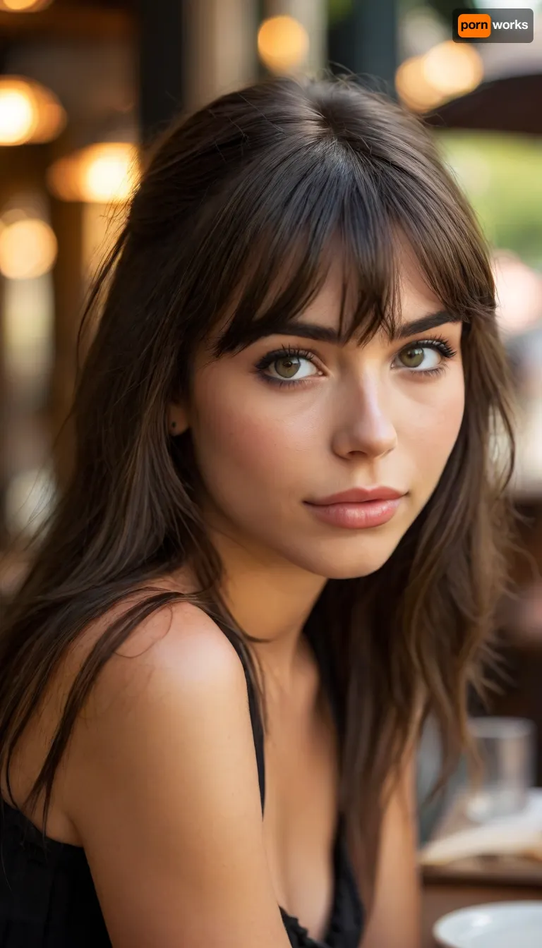 ziprealism, (avant-garde snapshot esthetic), (adorable Italian woman, charming girlfriend, soft smile, warm loving gaze, lunch at chic outdoor cafe), (f/2.8, shallow depth of field, creamy bokeh, tight head shot, extreme face closeup, layered composition with subtle foreground, strong shadowy vignette, focus on eyes:1.4), (glossy black hair, long wispy bangs, voluminous hair, long hair, straight hair, hair framing face:1.6), (catchlights, sharp contrasting limbal rings, large expressive eyes, stunning eyes, perfect eyes, slightly downturned eyes, long delicate eyelashes), (long angular facial features, stereotypical Italian woman:1.4), igbaddie, <lora:igbaddie-XL:.8>, <lora:MJ52:.8>