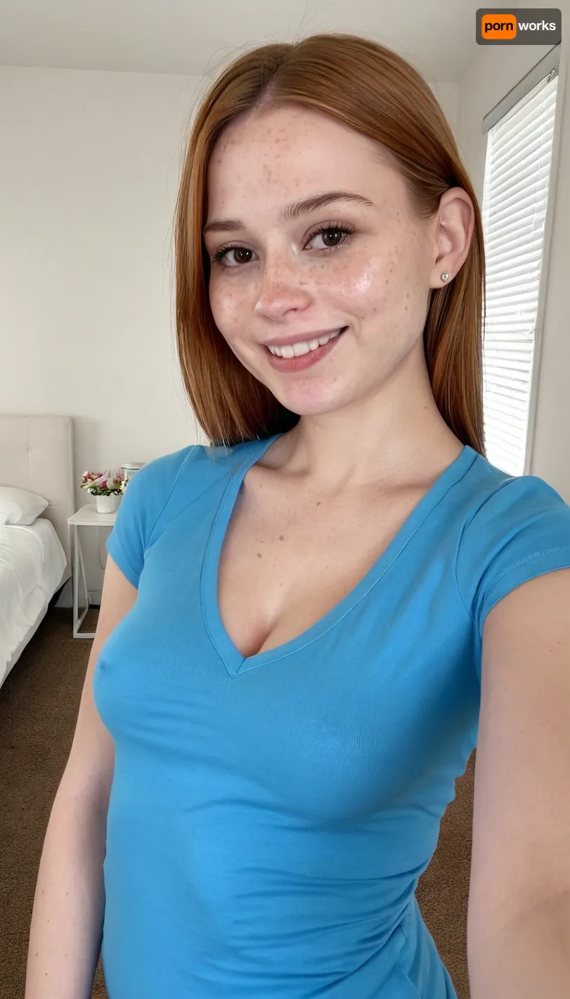 22 years old Mexican-american woman, taking a selfie, clothed, wearing blue t-shirt with v neck, white and pale skin, slim nose, light brown hair, small sagging breasts, robust body, embarrassed smile, round face, minimalist white luxury room, freckles, brown eyes, molar on cheek, 3/4 body view, rhinoplasty, hyper realistic photo, full hd, 8K