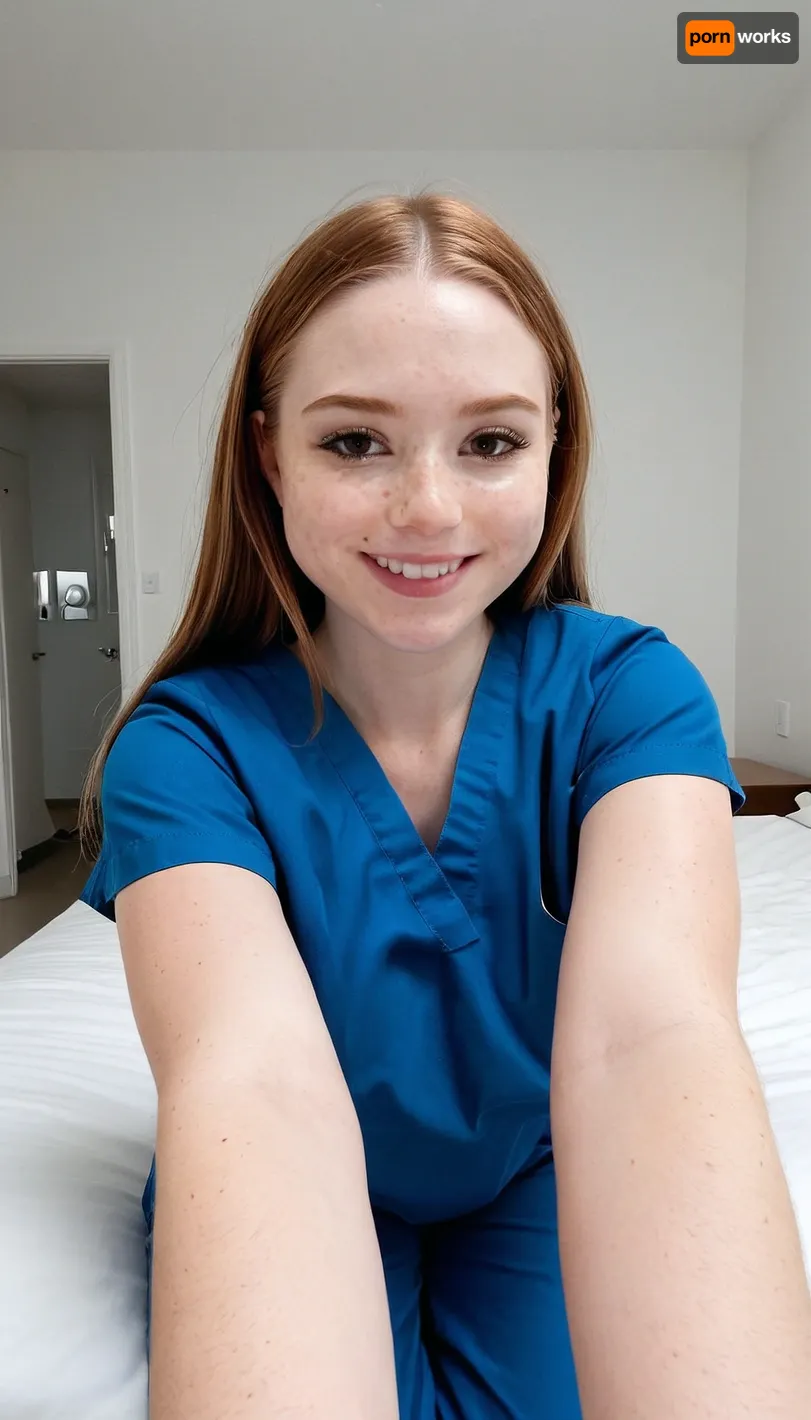 22 years old Mexican-american woman, clothed, taking a selfie, (wearing blue scrubs), (blue pants, white and pale skin, slim nose, light brown hair, small sagging breasts, robust body, embarrassed smile, round face, minimalist white luxury room, freckles, brown eyes, molar on cheek, 3/4 body view, Nursing student, rhinoplasty, hyper realistic photo, full hd, 8K)