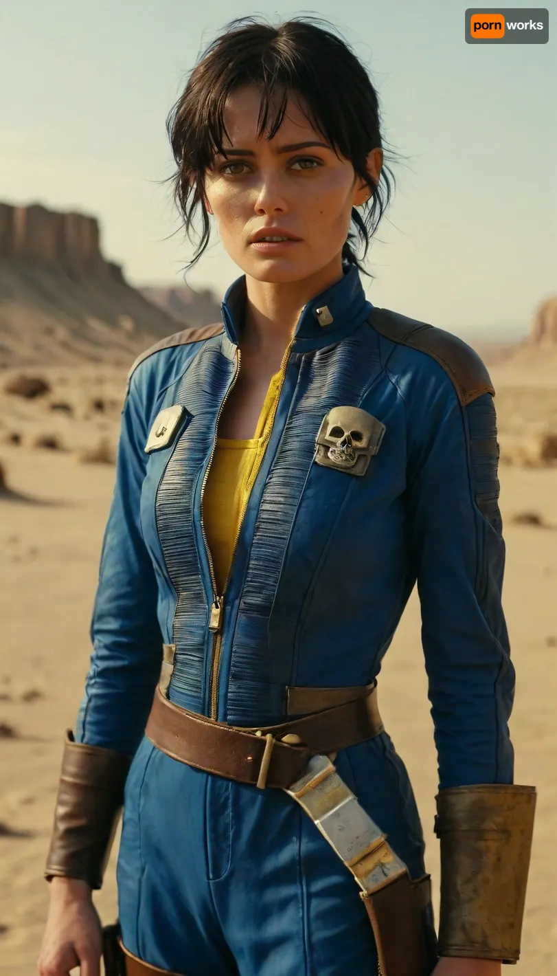 short black hair, in post nuclear desert, woman short unbuttoned nylon fully blue work jumpsuit, leather shoulder pads, 13 yellow number on the back, (ghoul fucking her, blowjob, skull), leather belt, combat boots, ((show nipples)), raw, Portrait, professional, color, grading, <lora:MJ52:2>, <lora:208210_training_data:2>, Lucy, <lora:Lucy:.8>, FalloutCinematic, <lora:FalloutCinematic:.8>